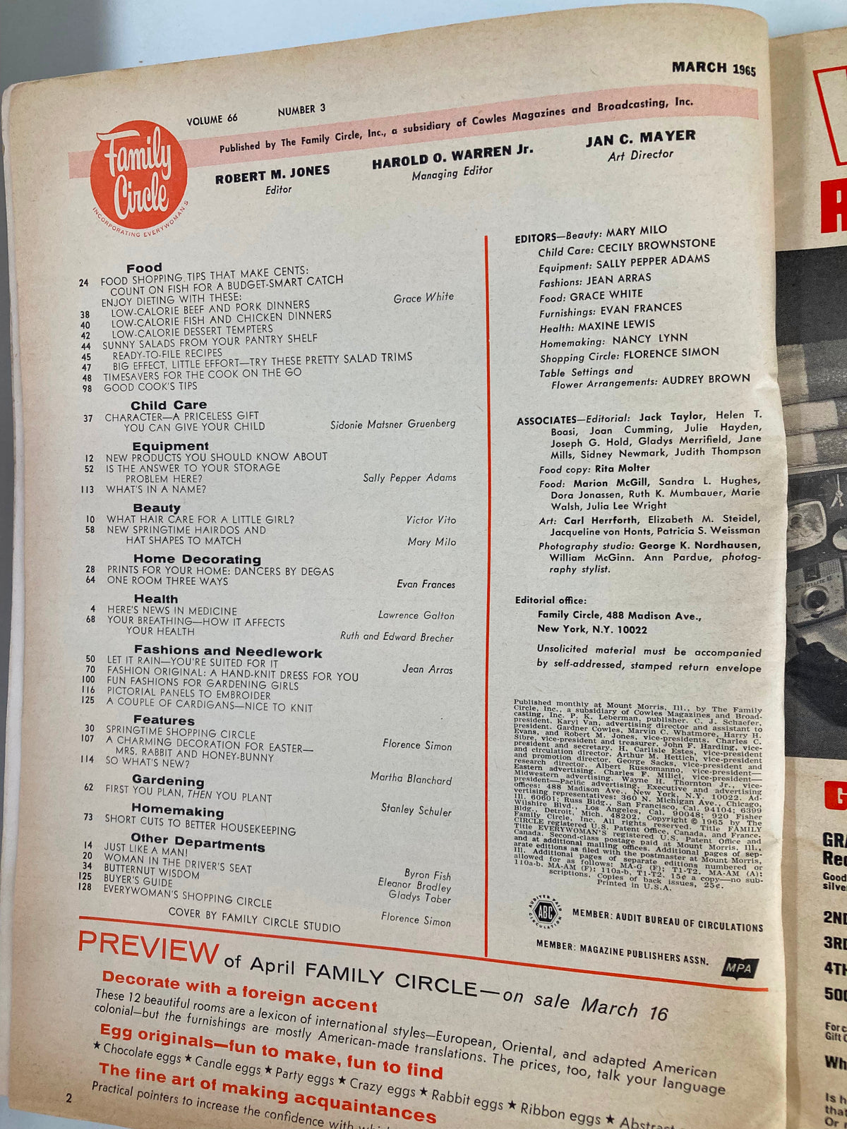 Table of contents page from the VTG Family Circle Magazine March 1965, detailing sections on food shopping tips, child care, beauty, fashion, and homemaking.