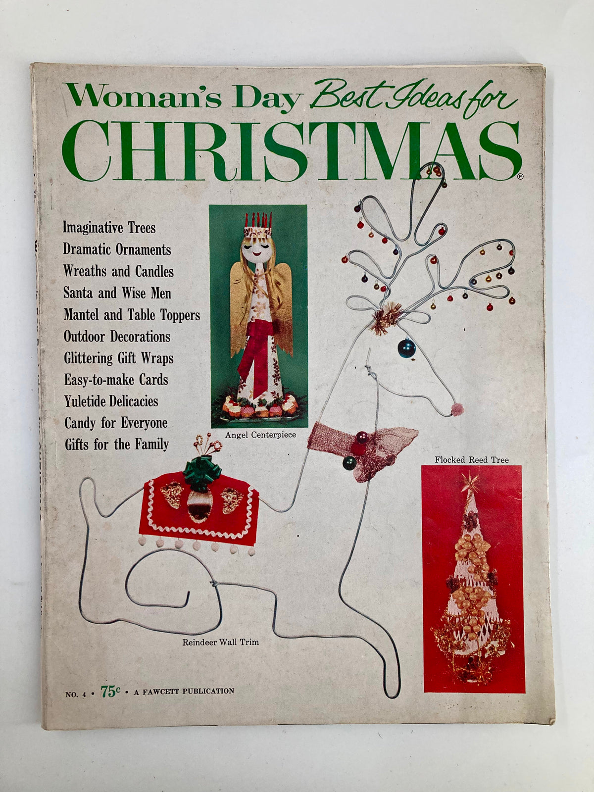 Cover of VTG Woman's Day Magazine No. 4 featuring dramatic ornaments, wreaths, and candles. Showcases holiday craft ideas such as imaginative trees, gift wraps, and festive decorations. Ideal for Christmas inspiration.