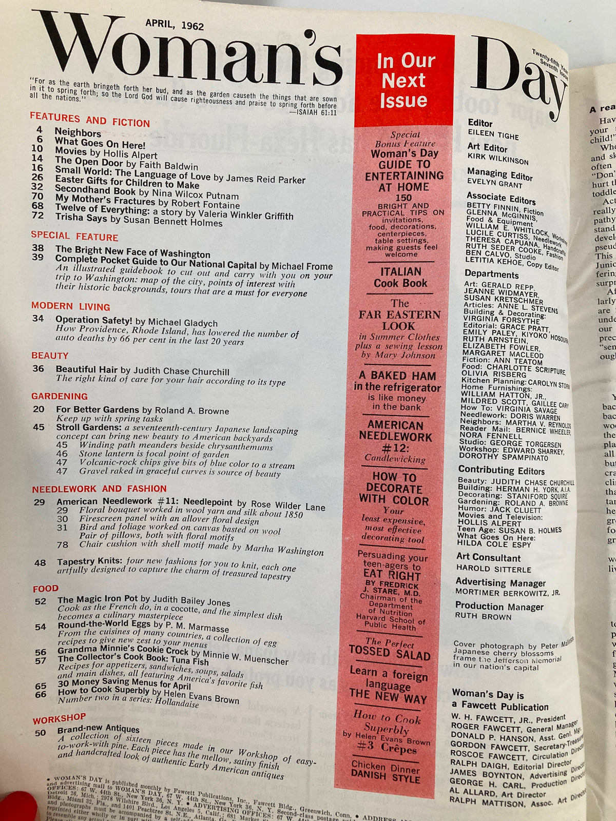 Table of contents page from VTG Woman's Day Magazine April 1962, listing features, articles, and special sections including the complete pocket guide to Washington.