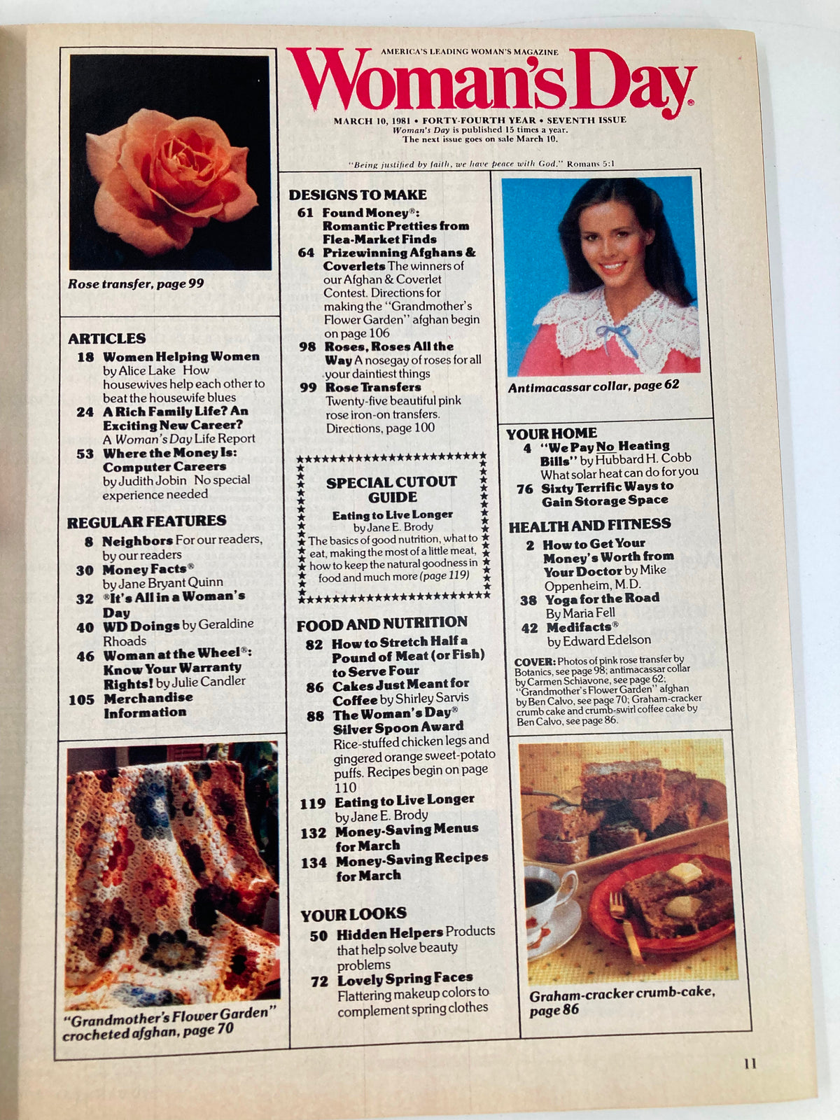 Contents page of Woman's Day Magazine March 10 1981 listing features such as flea market finds, food and nutrition tips, and homemaking advice with a decorative rose illustration.