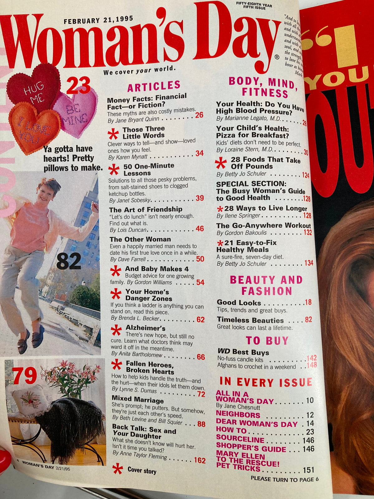 Inside page of Woman's Day Magazine February 21 1995 displaying article headlines including tips about finances, friendship, and Alzheimer's awareness.
