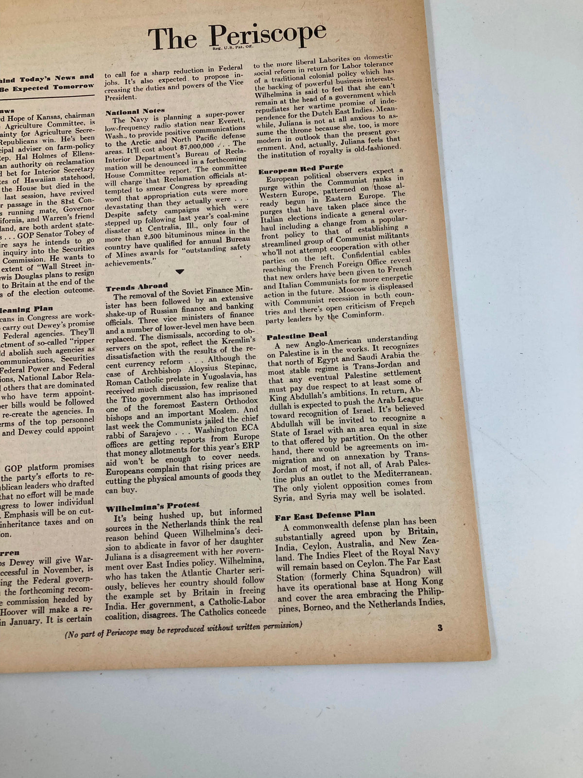 Article page from VTG Pacific Newsweek Magazine July 5 1948 titled 'The Periscope,' discussing national news and politics.