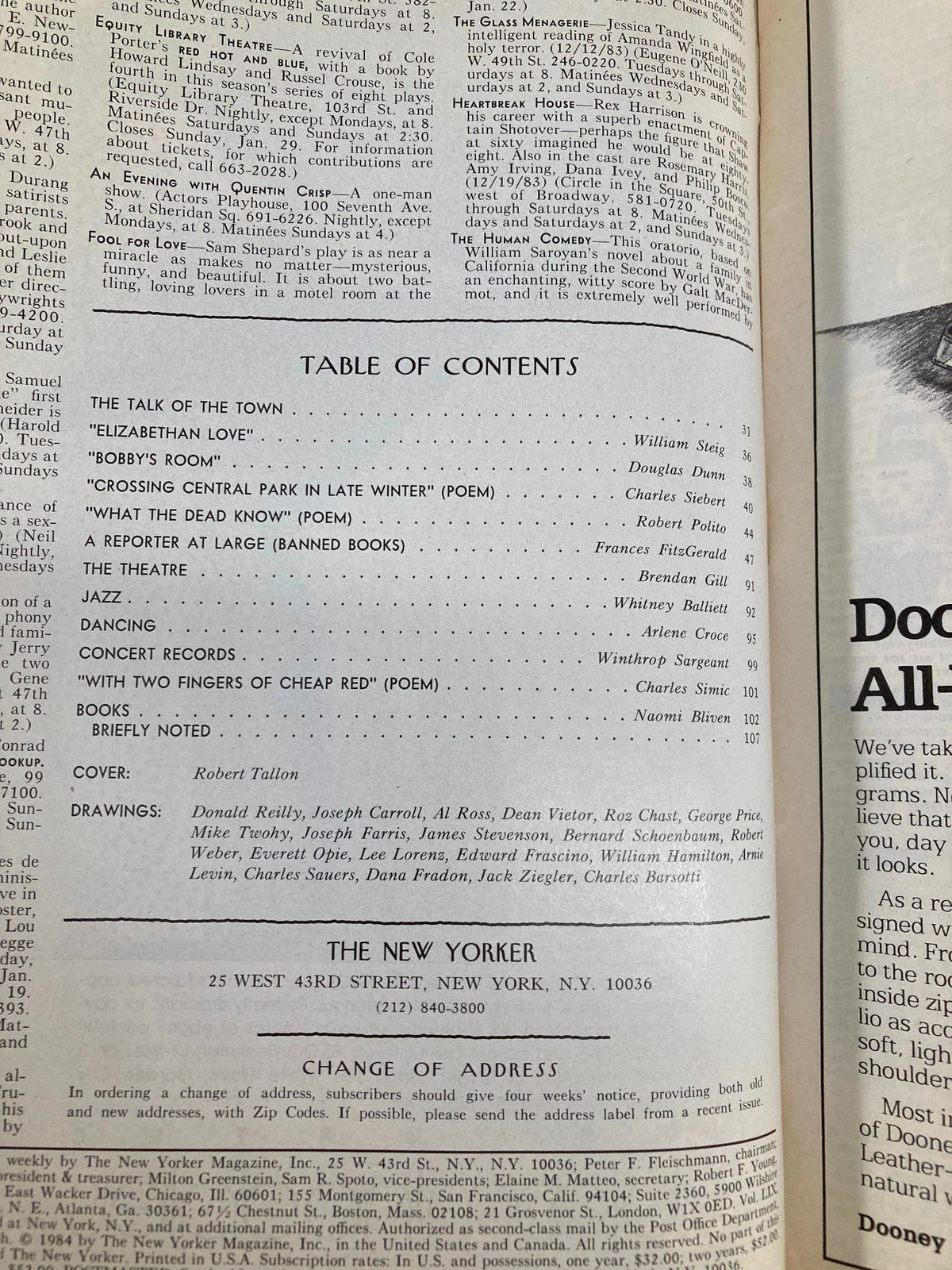 Table of contents page from The New Yorker Magazine January 16, 1984, highlighting articles and features including cover artist Robert Tallon.
