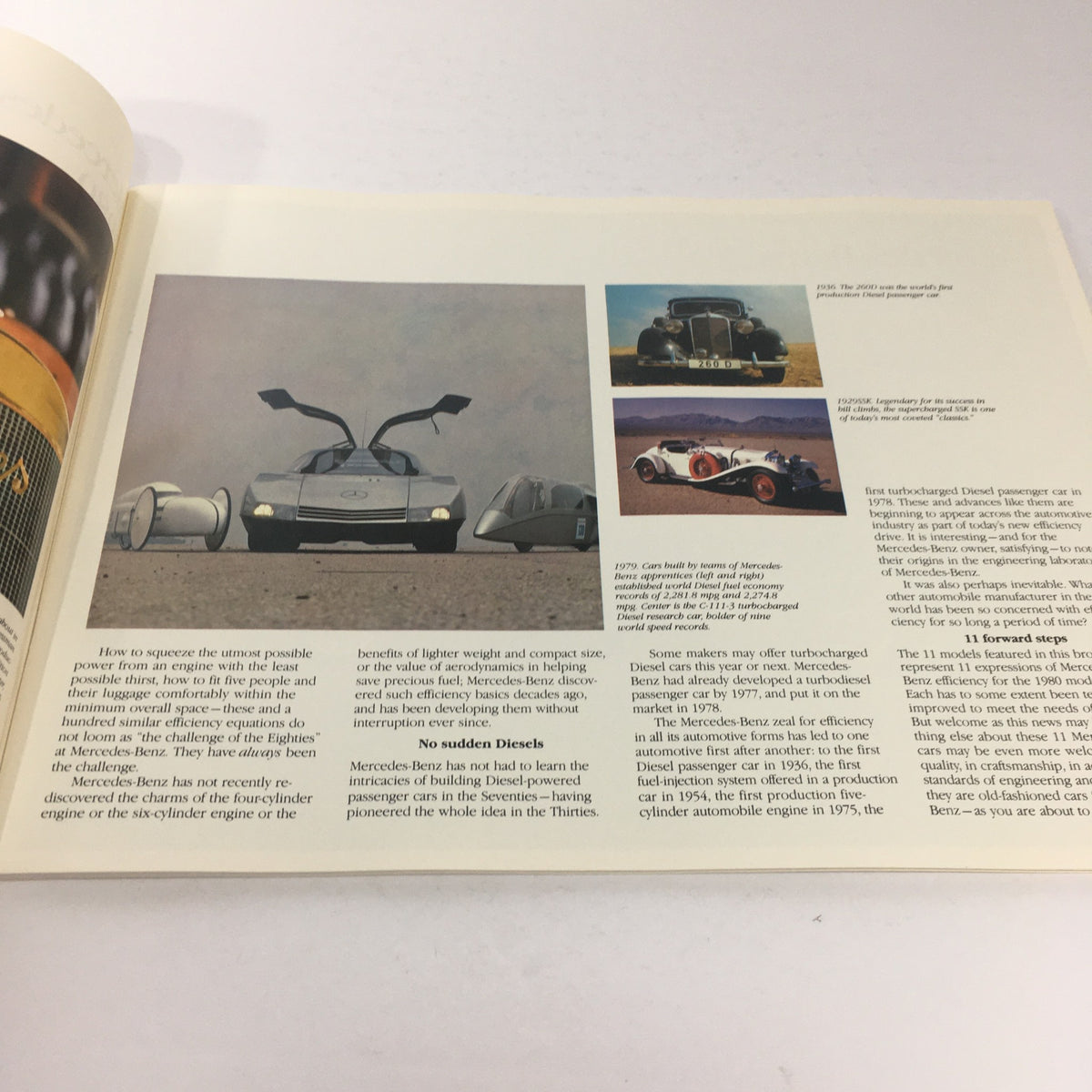 Interior view of the 1980 Mercedes-Benz 280CE dealership car auto brochure catalog, displaying text and images of Mercedes cars with a focus on technology and design.