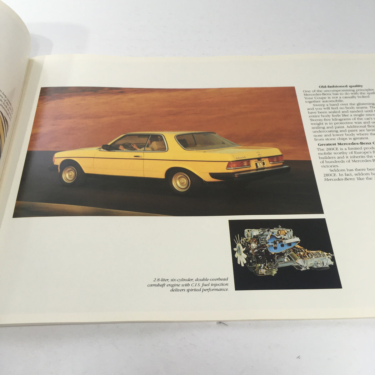 1980 Mercedes-Benz 280CE Dealership Car Auto Brochure Catalog showing a side view of the yellow Mercedes-Benz 280CE on a scenic background, emphasizing its classic design.