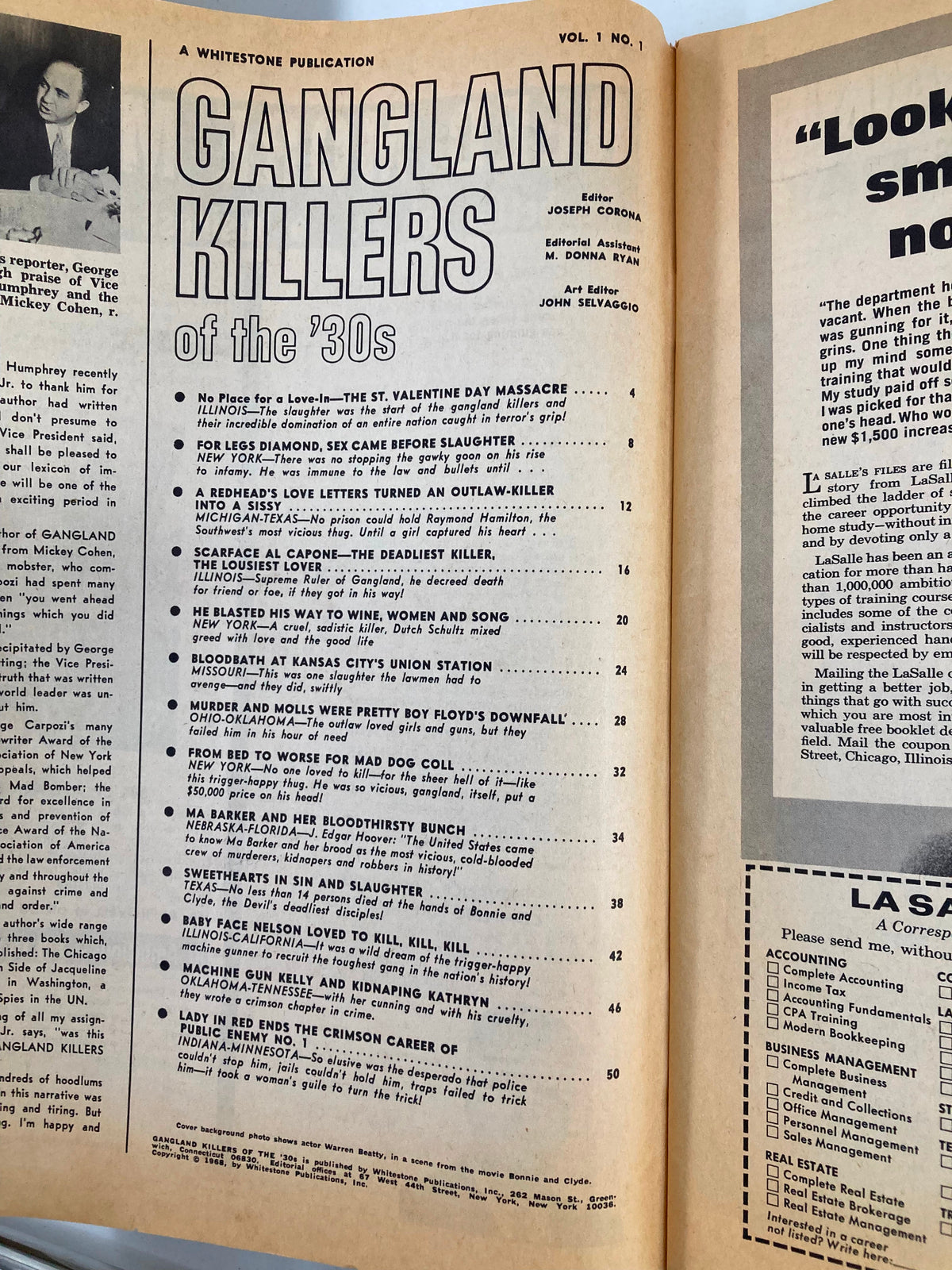 Interior page of the VTG Gangland Killers of the '30s magazine showcasing a detailed table of contents with articles about notorious figures and events from the 1930s.