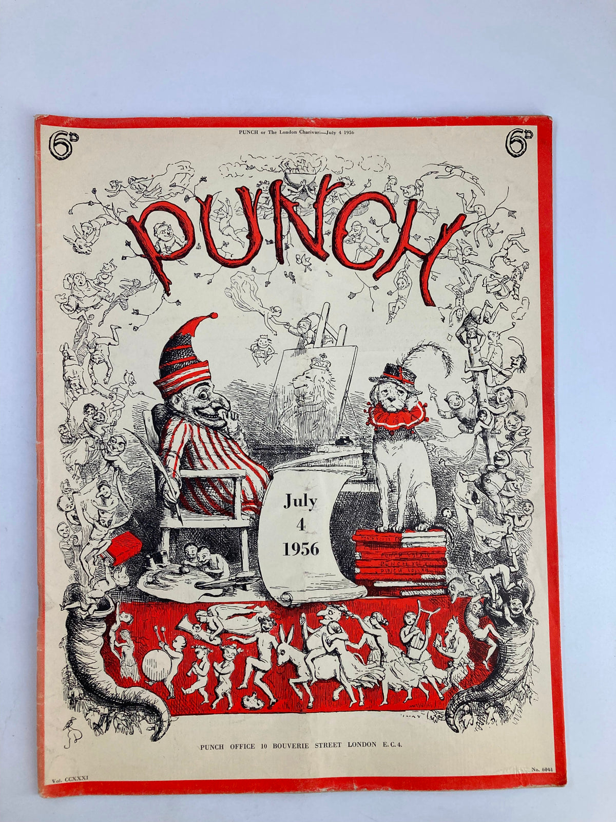 VTG Punch Magazine July 4 1956 featuring a colorful cover with whimsical illustrations, including a clown and a lion, showcasing the unique humor of the publication.