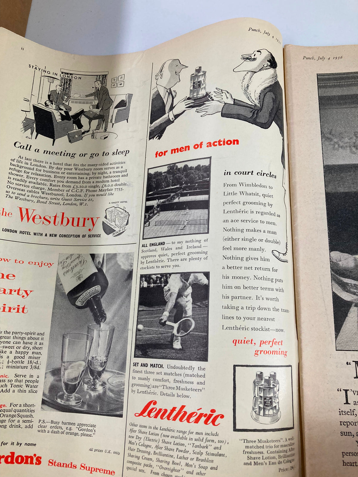 Interior page featuring a humorous advertisement for The Westbury Hotel from the VTG Punch Magazine July 4 1956, showcasing vintage illustrations and witty commentary.