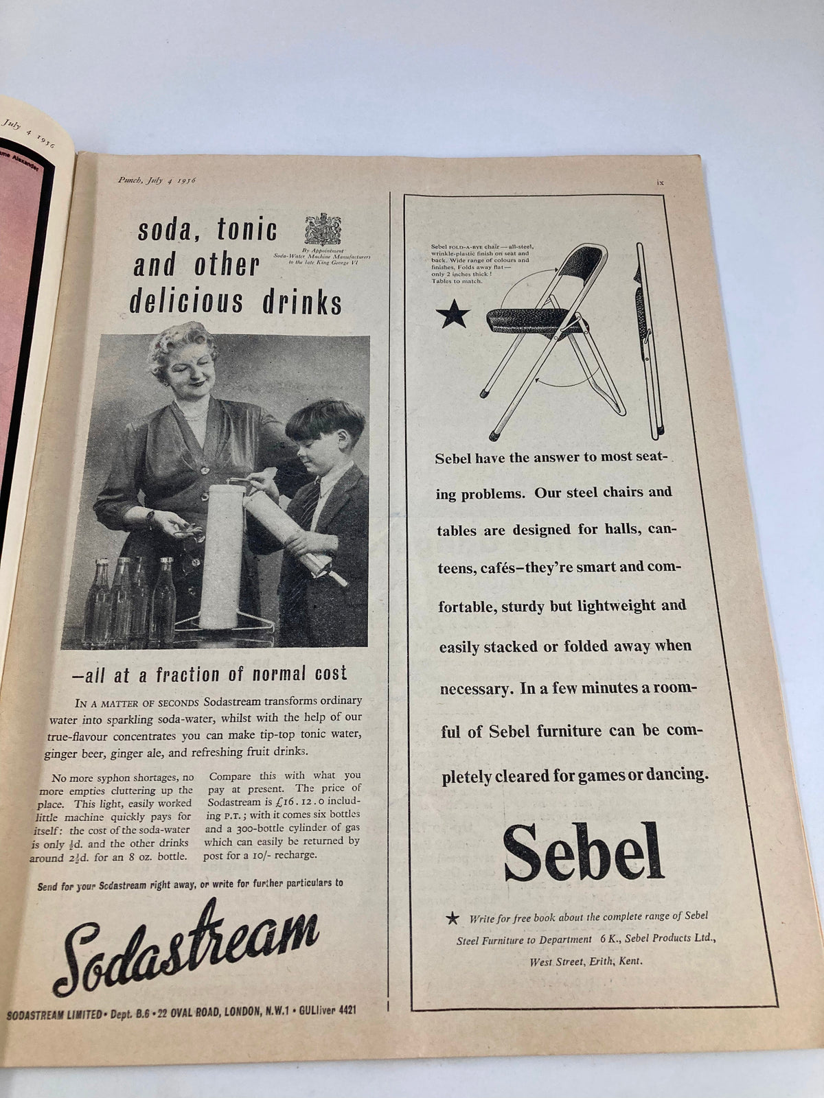 Advertisement for Sodastream showcasing a woman and boy preparing flavored drinks in the VTG Punch Magazine July 4 1956, highlighting vintage beverage trends.
