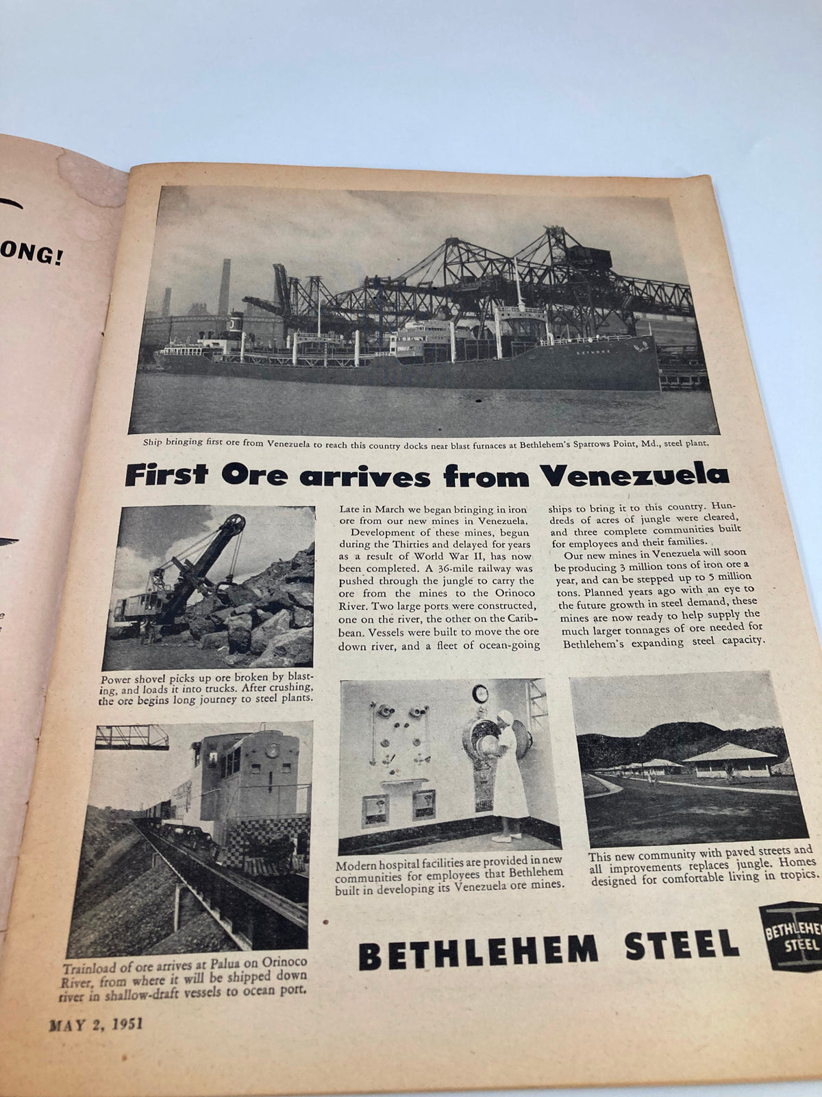 Interior page of the vintage Pathfinder News Magazine from May 2, 1951, featuring an article about the arrival of the first ore from Venezuela to Bethlehem Steel, accompanied by black and white images and informative text.
