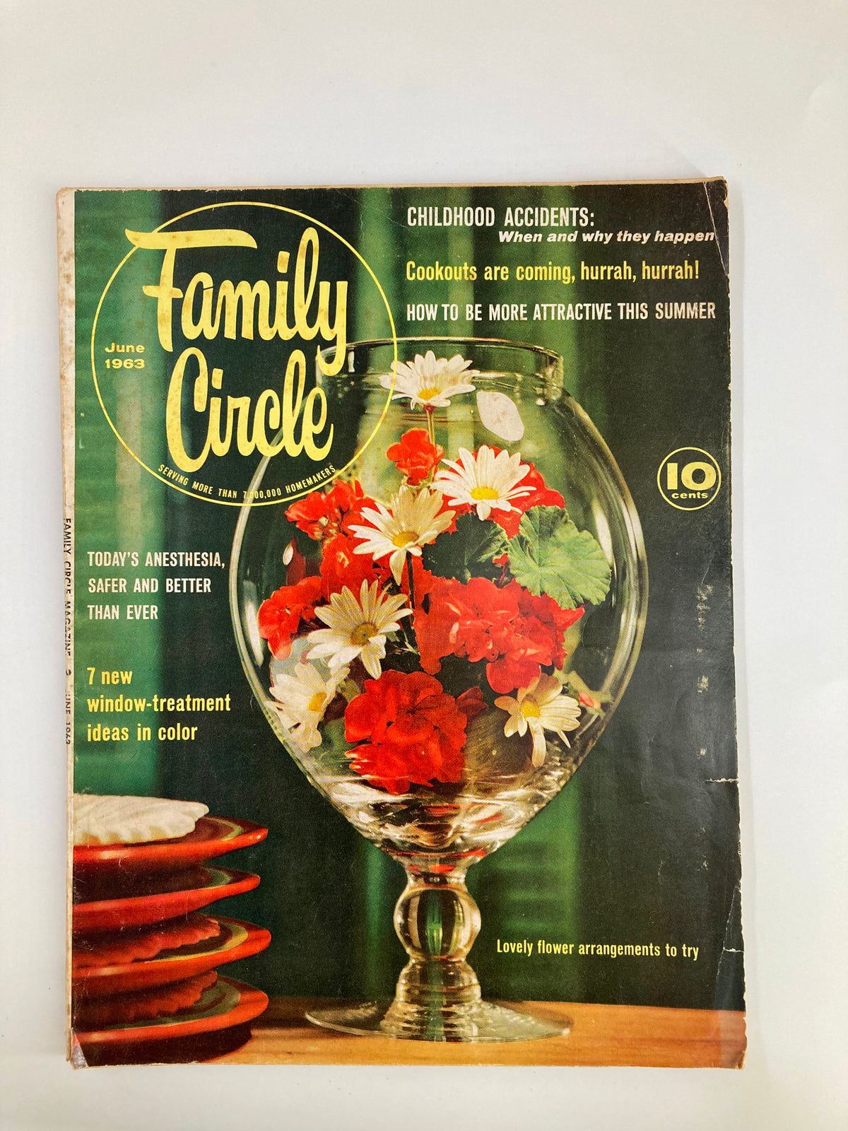 Cover of VTG Family Circle Magazine June 1963 featuring a vase with red and white flowers, emphasizing the theme of safer anesthesia and family lifestyle tips.
