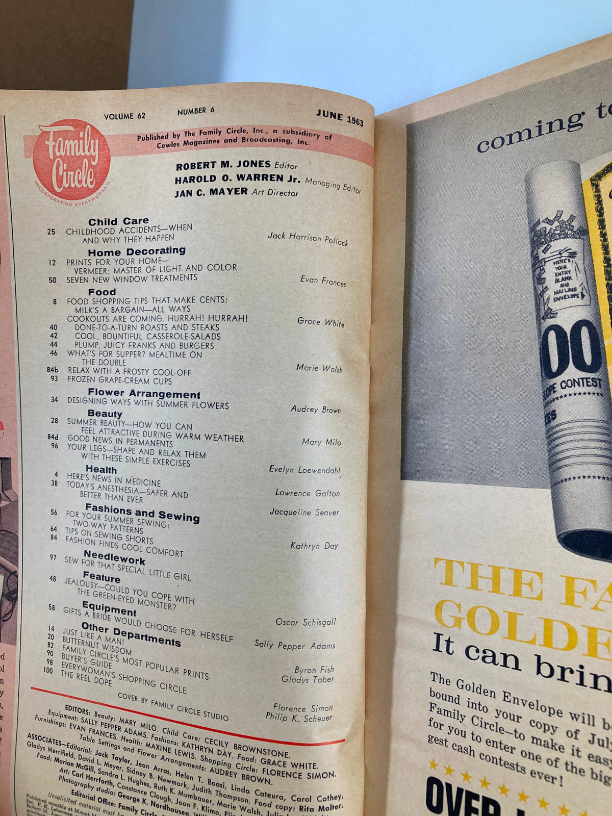 Interior page of VTG Family Circle Magazine June 1963 showcasing the table of contents, highlighting various articles on family care, home decorating, and health.