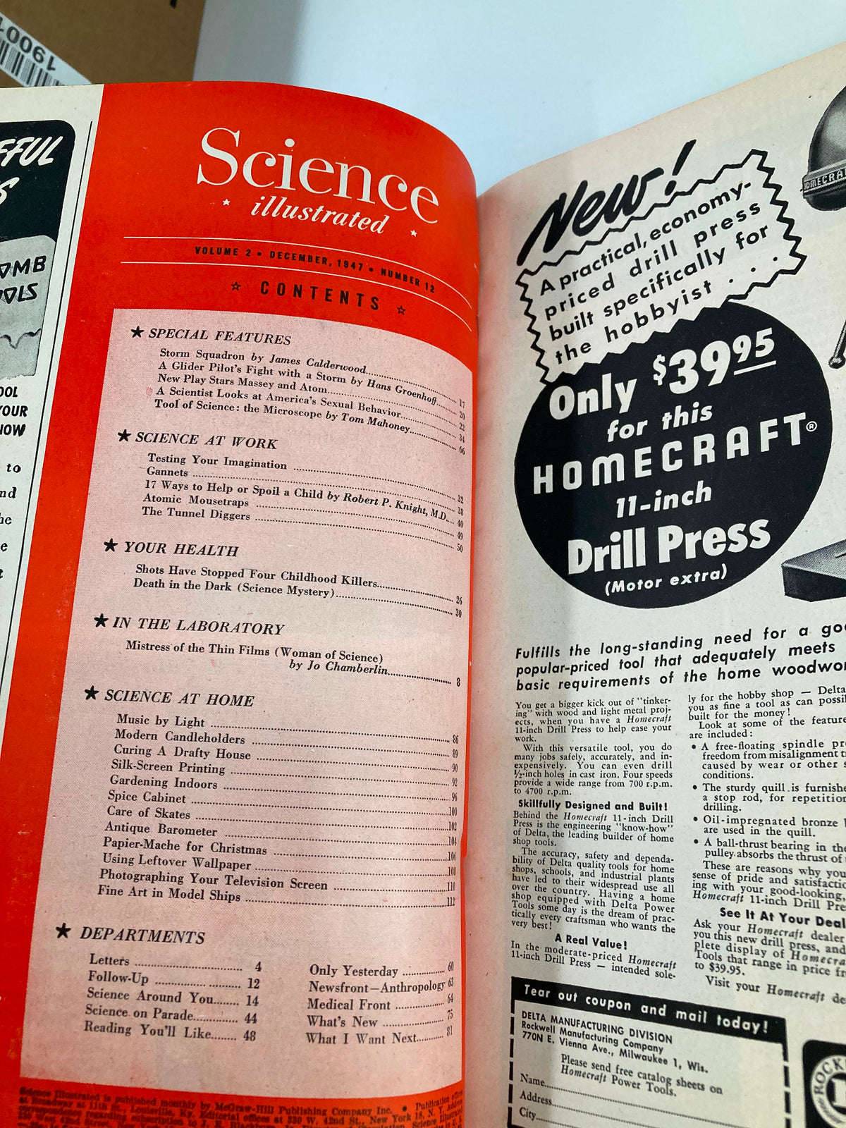VTG Science Illustrated Magazine December 1947 contents page detailing articles including 'Storm Squadron' and 'Tool of Science: the Microscope', emphasizing the scientific themes of the issue.