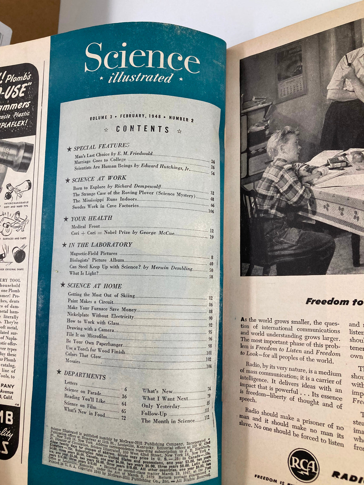 Interior spread from VTG Science Illustrated Magazine February 1948 showcasing the contents page, featuring articles such as 'Man’s Last Choice' and 'How to Work with Class.' This vintage magazine emphasizes the blend of science and historical context.