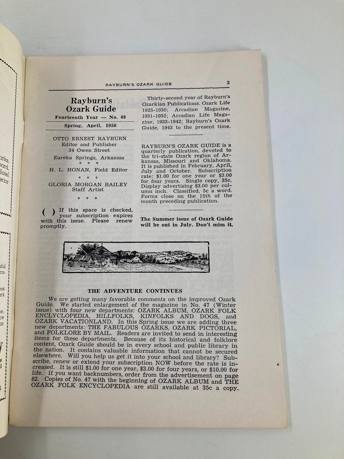 Interior page of Rayburn's Ozark Guide Magazine April 1956 showcasing details about the magazine's publication, editors, and additional features, emphasizing its historical context and its focus on the Ozark region.