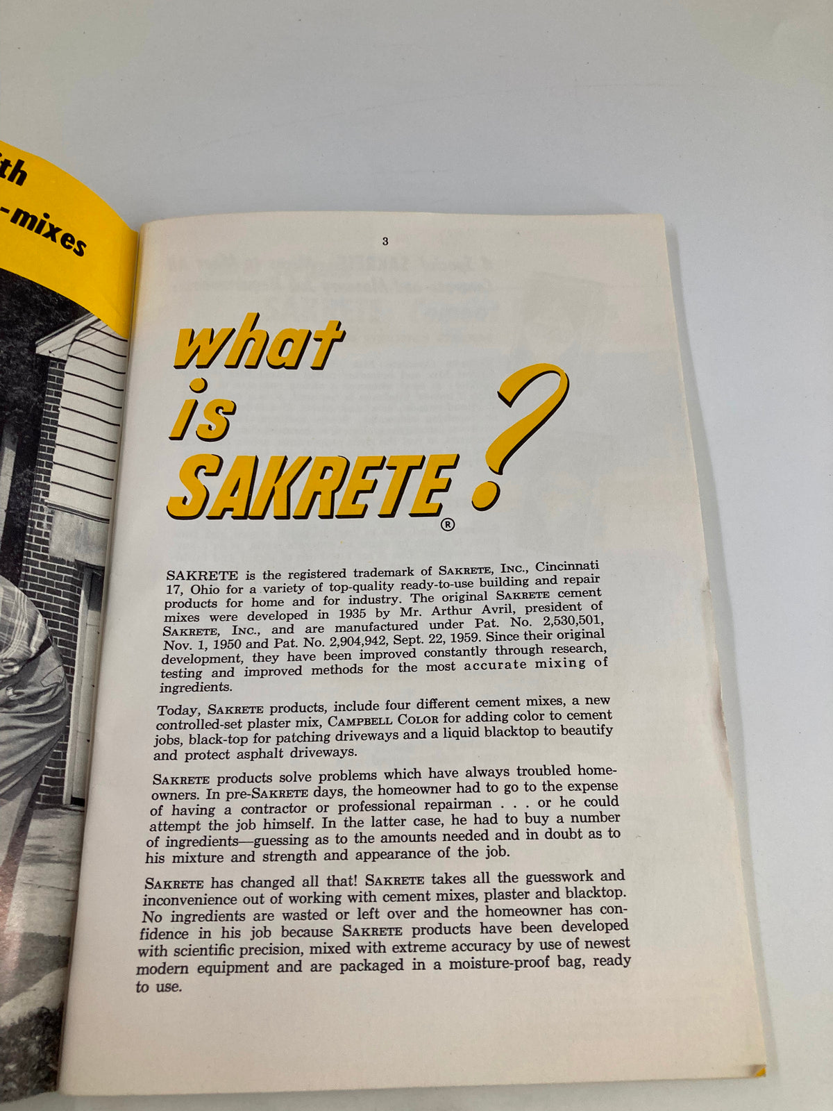 Page from VTG Sakrete Project Book 1950 Home Improvement Projects, explaining what Sakrete is and its applications in construction.