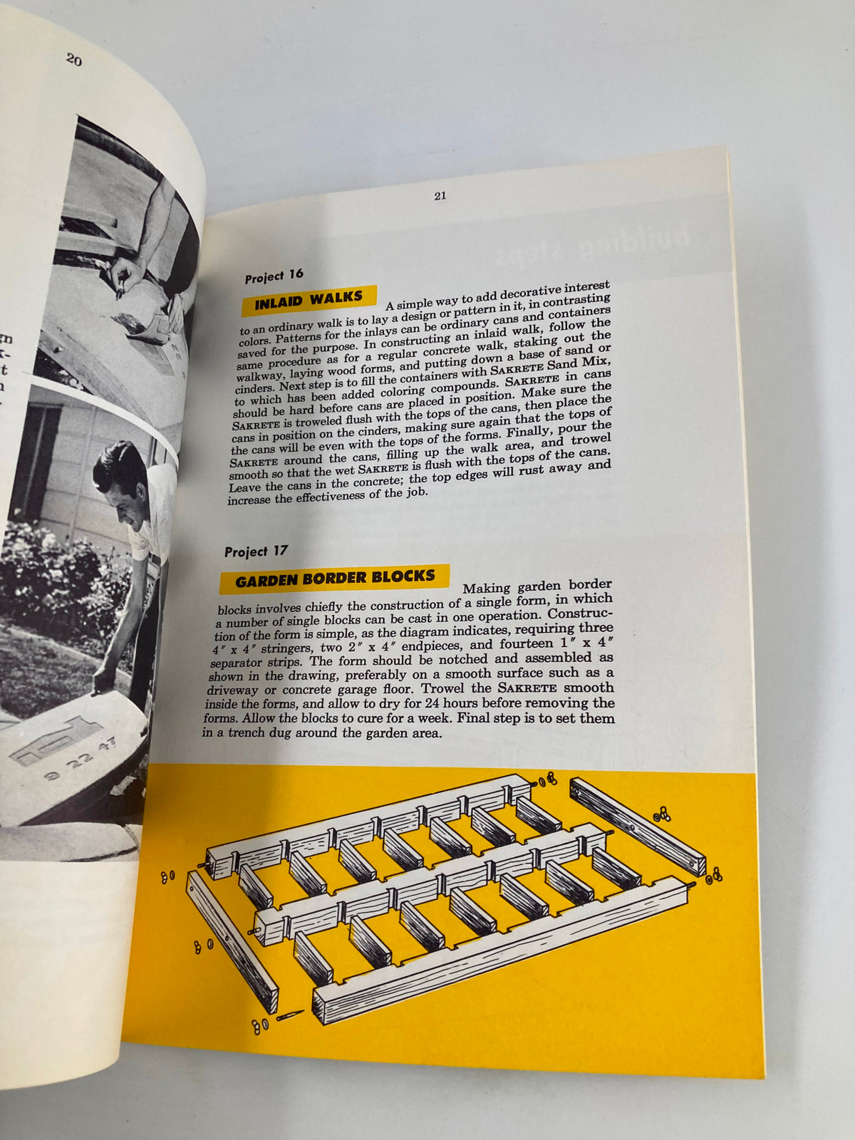Project example from VTG Sakrete Project Book 1950 Home Improvement Projects, illustrating steps to create inlaid walks and garden border projects.
