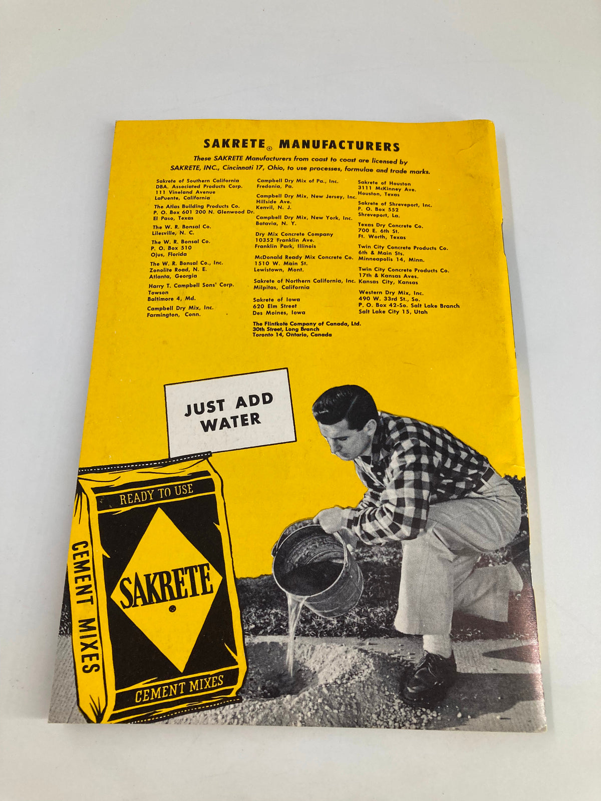 Back cover of VTG Sakrete Project Book 1950 Home Improvement Projects, featuring Sakrete brand information and mixing instructions.