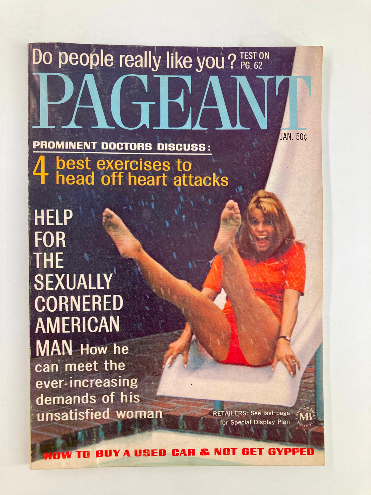 Cover of VTG Pageant Magazine January 1968 featuring '4 best exercises to head off heart attacks' along with an engaging photo of a woman splashing water while exercising. This vintage magazine is a must-have collectible.