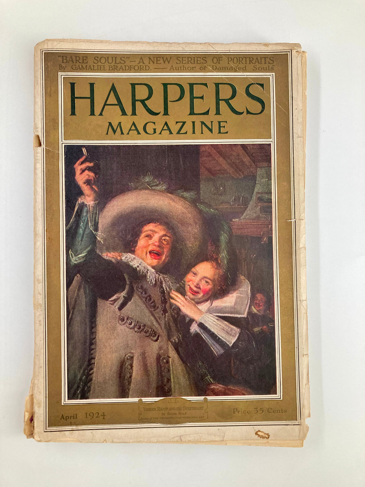 Cover of VTG Harpers Magazine April 1924 featuring the painting "Yonker Ramp and His Sweetheart" by Frans Hals, showcasing vibrant colors and a historical theme.