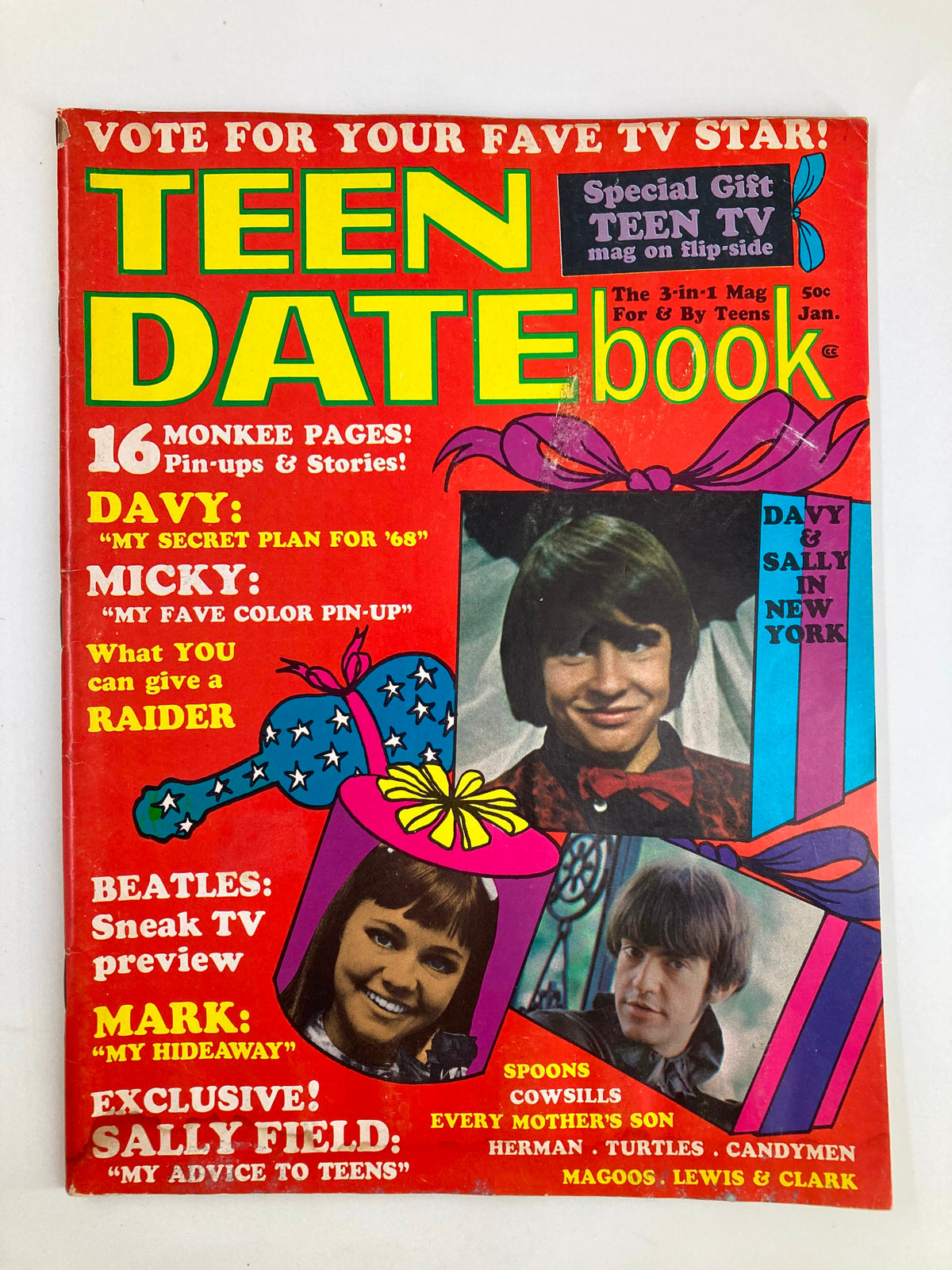 Vintage Teen Date Book Magazine January 1968 cover featuring colorful graphics and articles on teenage culture, including Davy Jones and Sally Field.