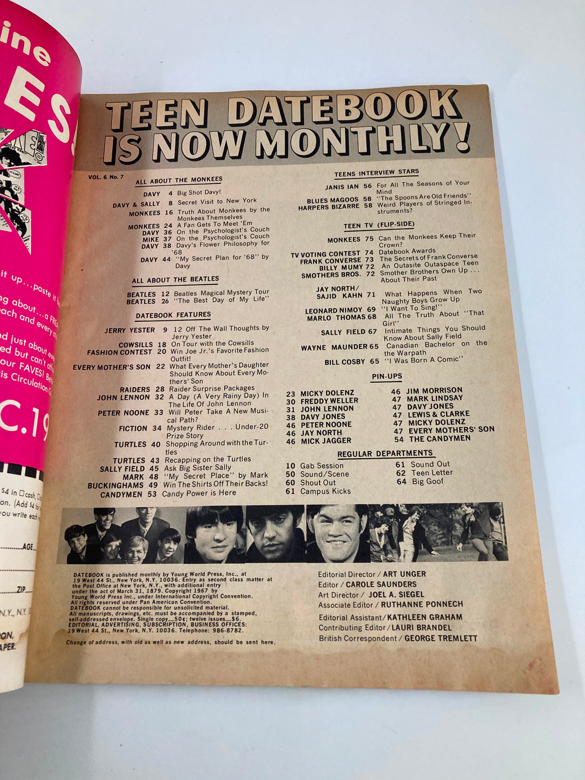 Inside page of the Vintage Teen Date Book Magazine January 1968 showing contents, featuring articles on the Monkees, Beatles, and various teen topics.