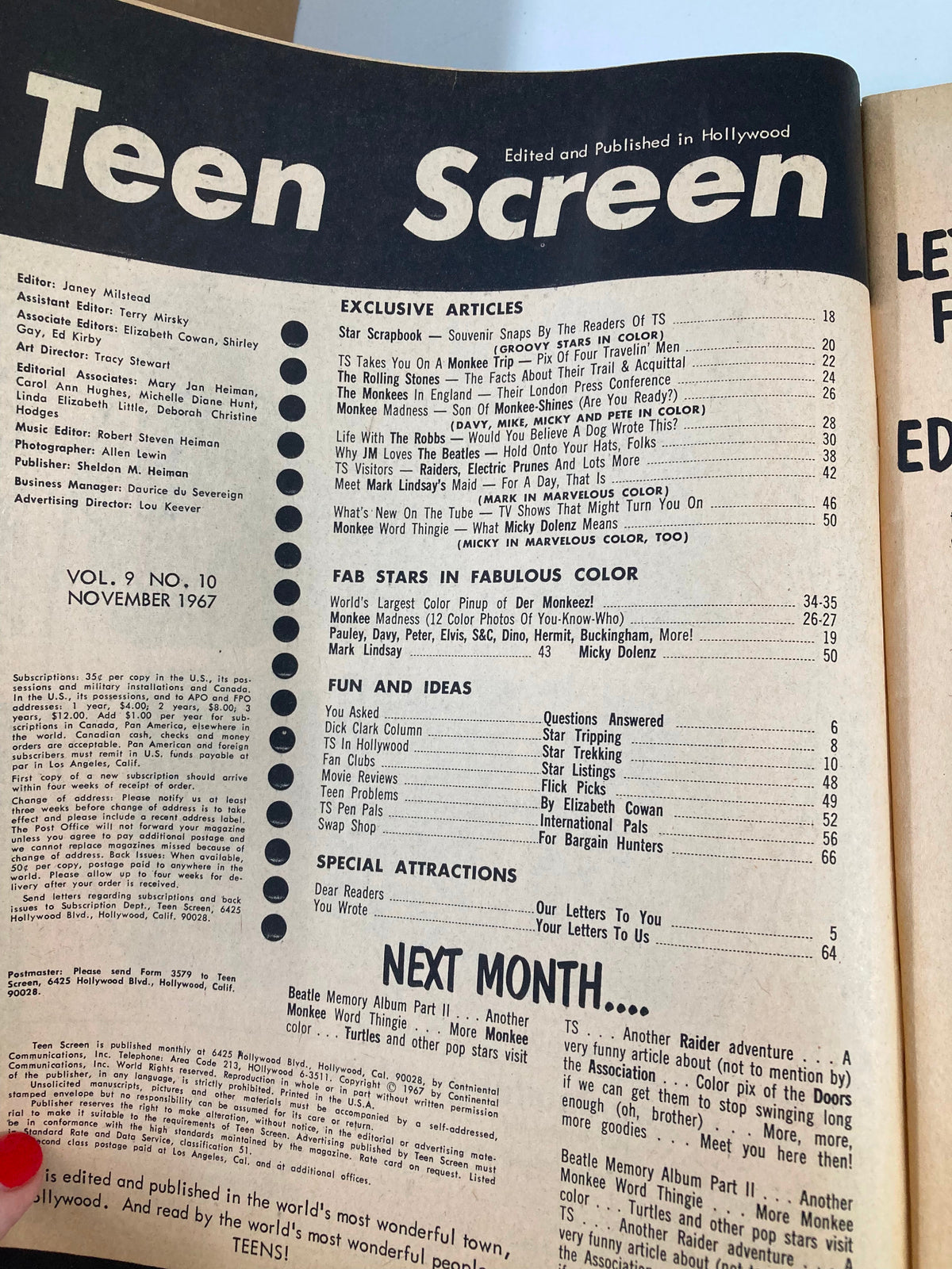 Inside page of the VTG Teen Screen Magazine November 1967 displaying the table of contents and featured articles including exclusive features about The Beatles and Monkees.