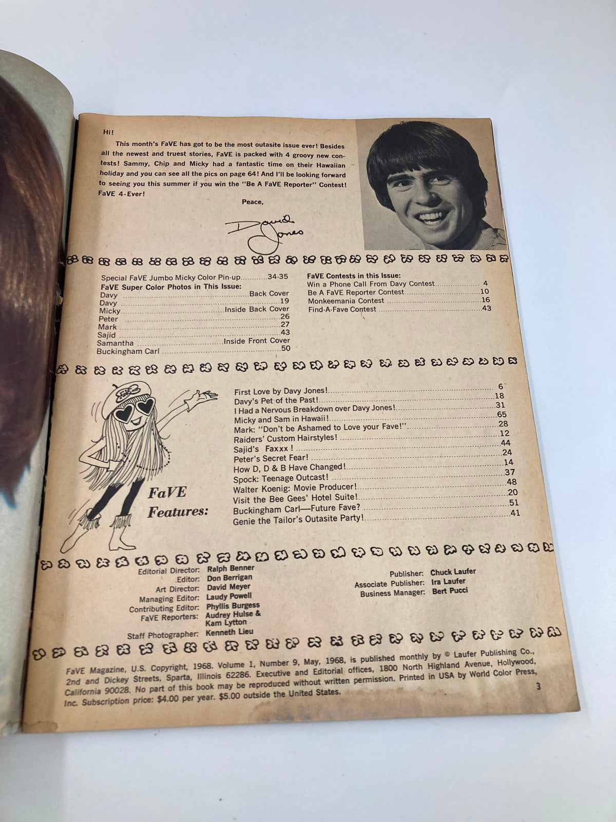 Interior page of VTG FaVe Magazine May 1968 showcasing features and contents, including a photo of Davy Jones and signatures.