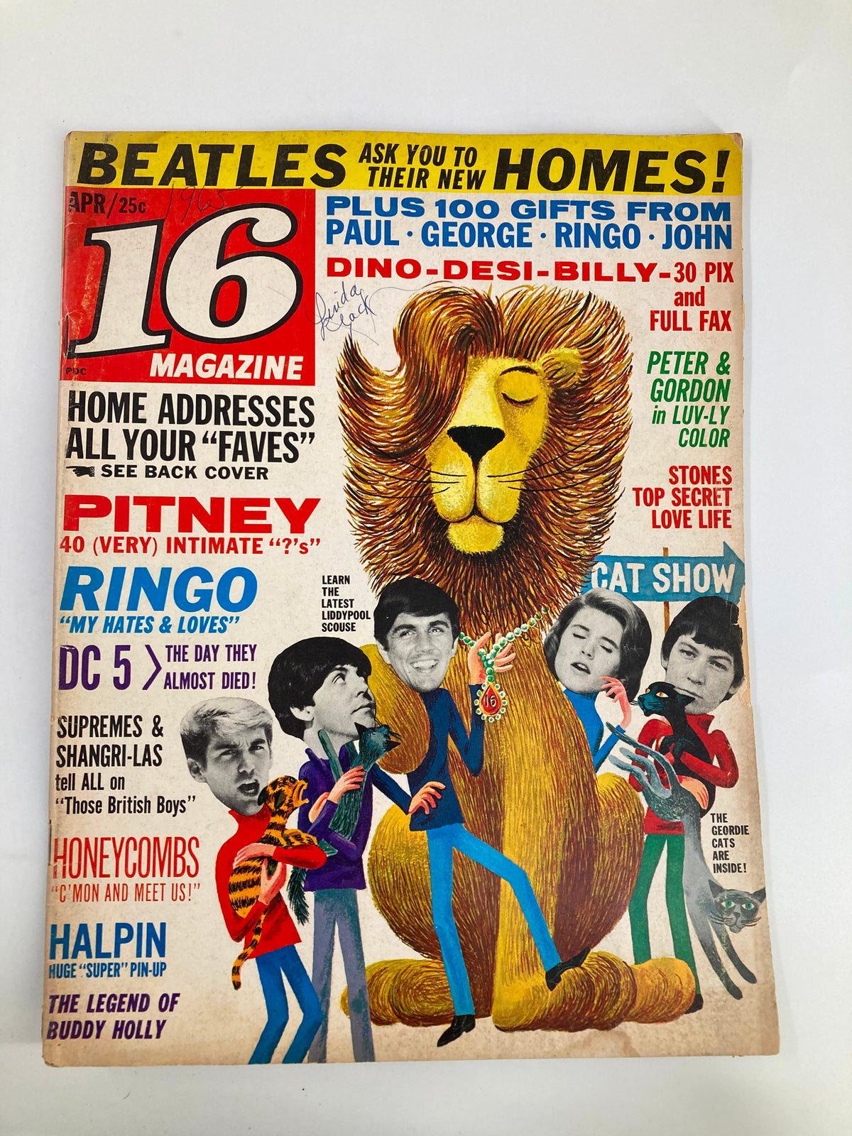 Cover of VTG 16 Magazine April 1965 featuring Ringo Starr and The Geordie Cats, vibrant illustration including a lion and musical stars, showcasing pop culture from the 1960s.
