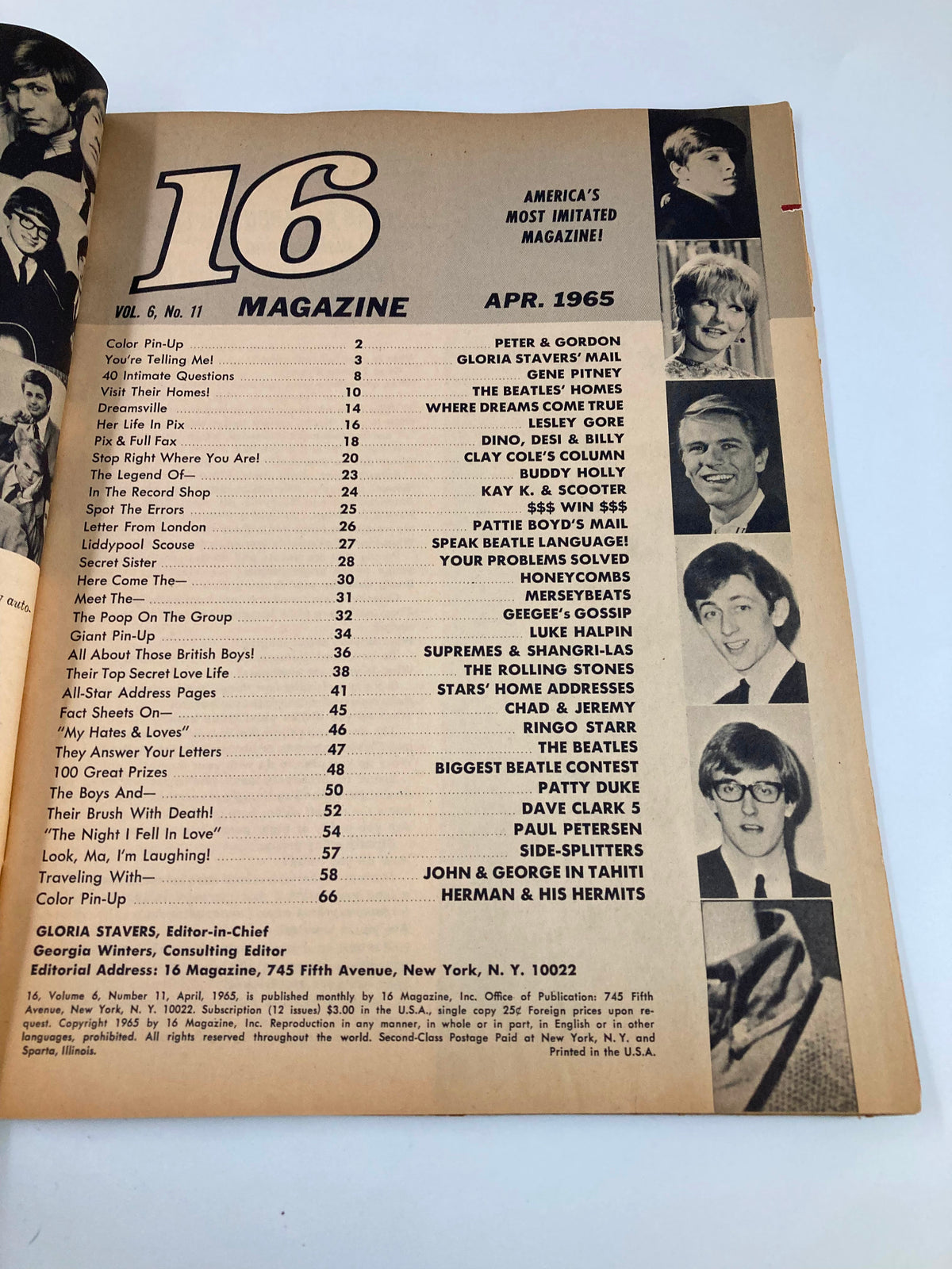 Interior page of VTG 16 Magazine April 1965 displaying the contents list, featuring Ringo Starr and various pop music artists of the era, reflecting the magazine's historical significance.