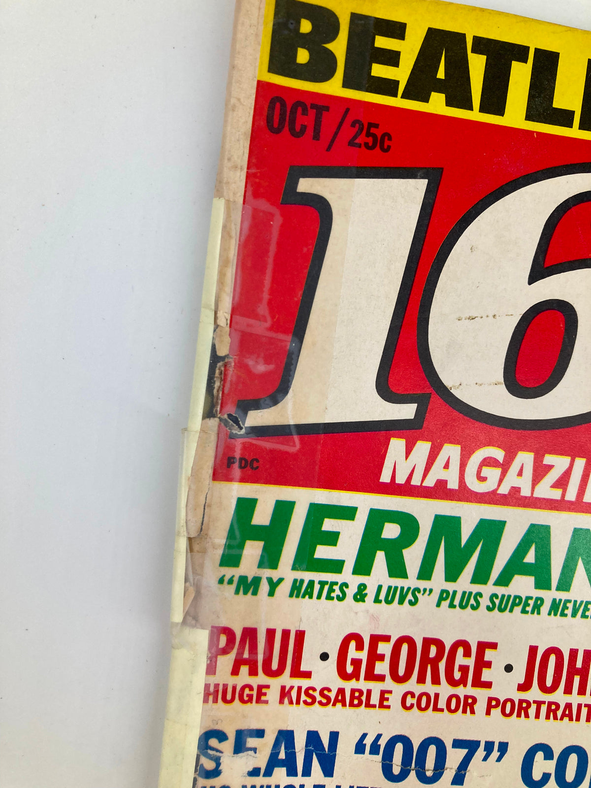 Front cover of VTG 16 Magazine from October 1965 featuring the title '16 Magazine,' key details including 'OCT/25c,' and listing The Beatles' names: Paul, George, John, Ringo.