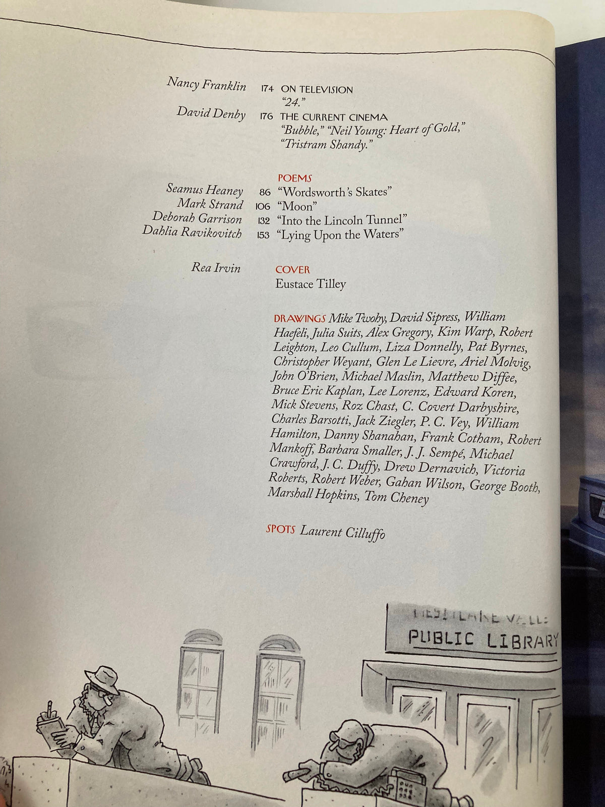 Table of contents from The New Yorker Magazine February 13, 2006 featuring Eustace Tilley cover by Rea Irvin, showcasing articles on television, cinema, and poetry.
