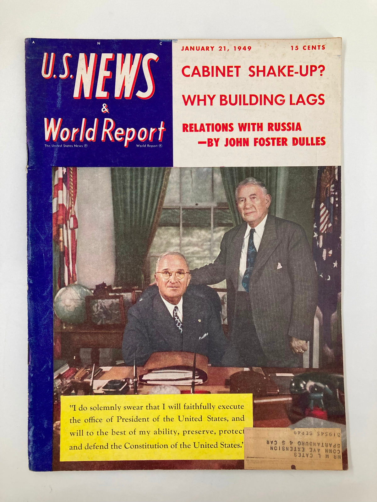 Cover of US News & World Report Magazine from January 21, 1949, featuring articles on Cabinet shake-ups and relations with Russia. The cover includes images of notable politicians and a colorful design emphasizing historical significance.