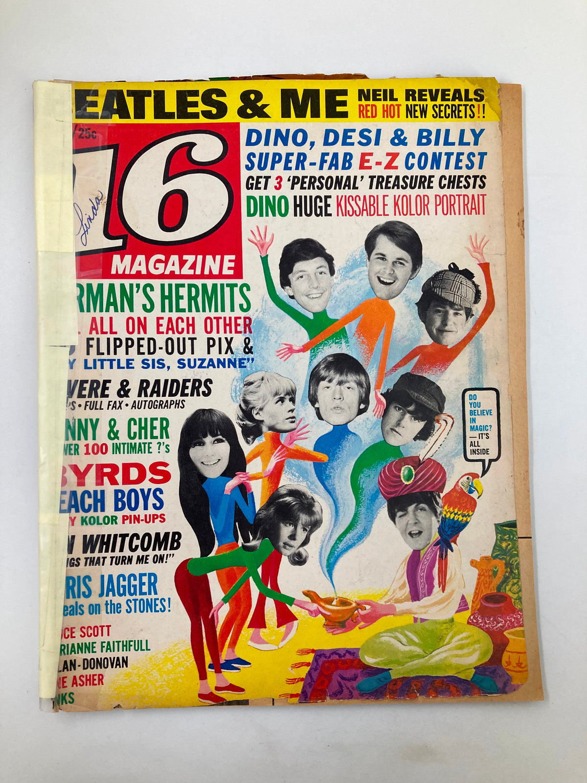 Cover of VTG 16 Magazine December 1965 featuring Dino, Desi, and Billy, showcasing a colorful pop art design with various celebrity faces and headlines.