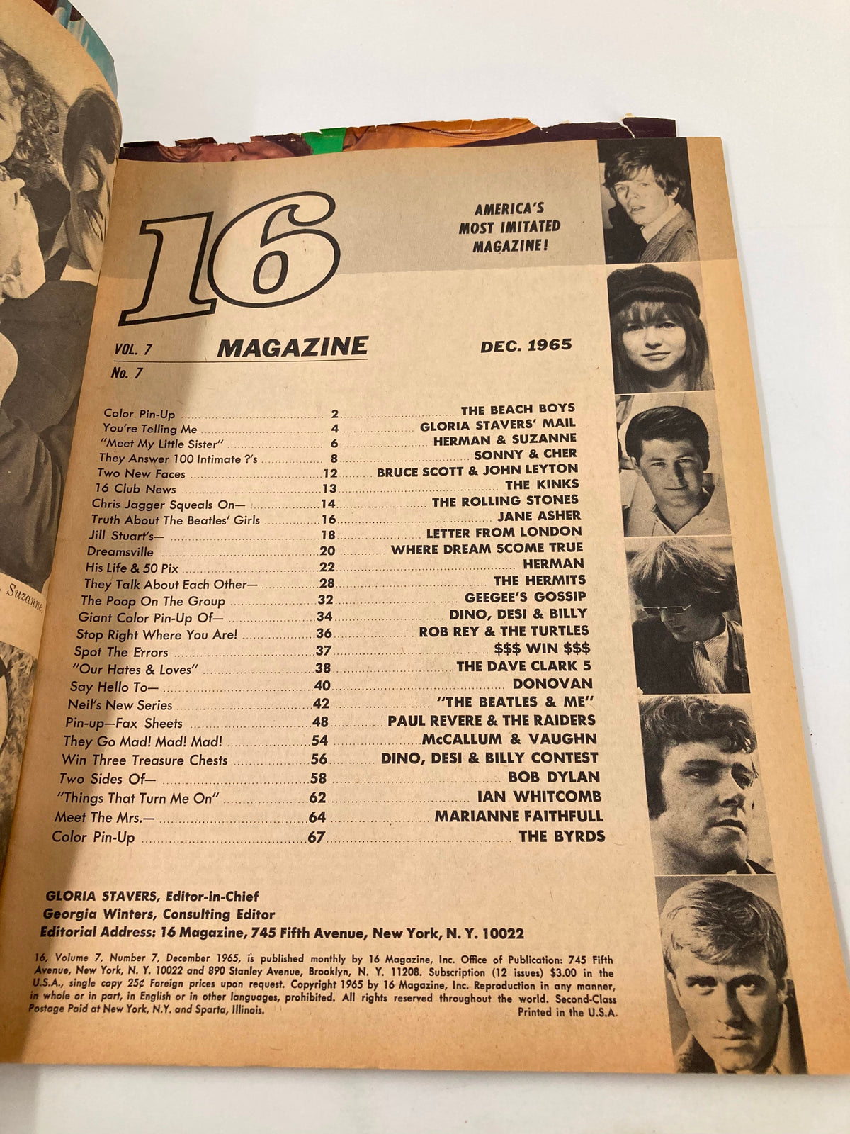 Second interior page of VTG 16 Magazine December 1965, displaying the table of contents with various articles and images related to popular musicians of the time.