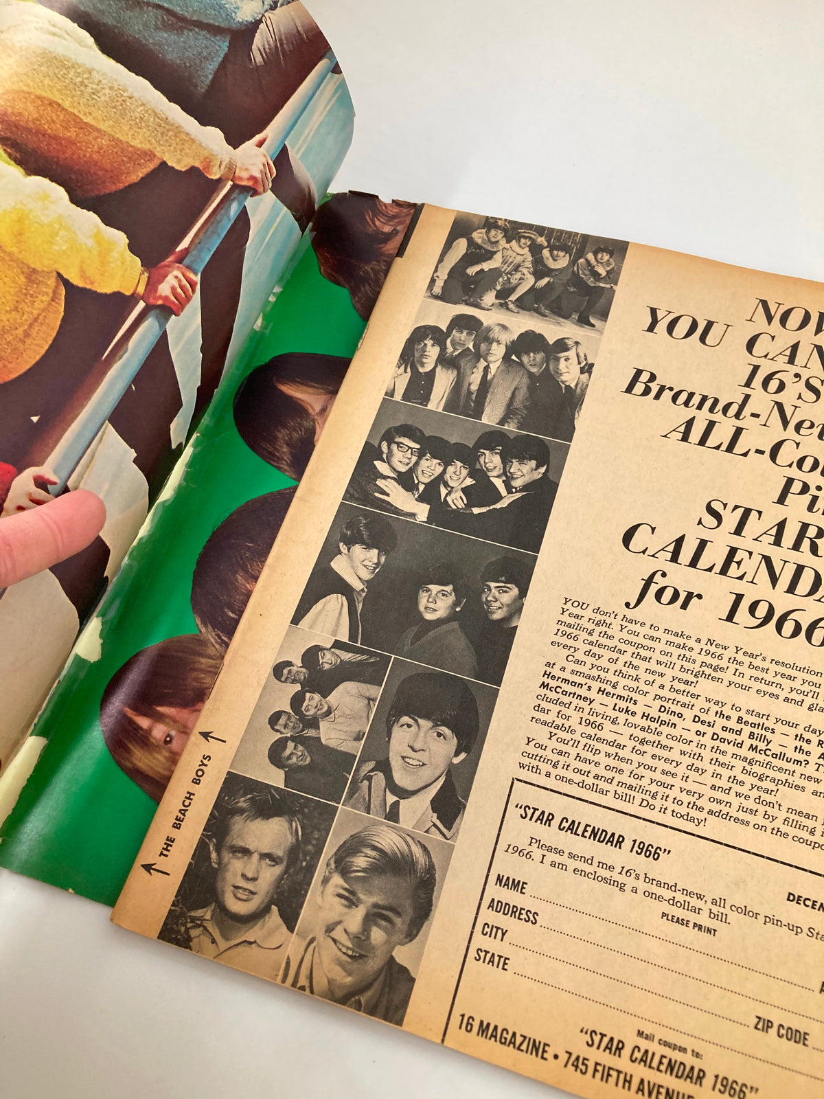 Interior page of VTG 16 Magazine December 1965, showing a colorful layout with images of The Beach Boys and other artists, capturing the essence of 1960s pop culture.