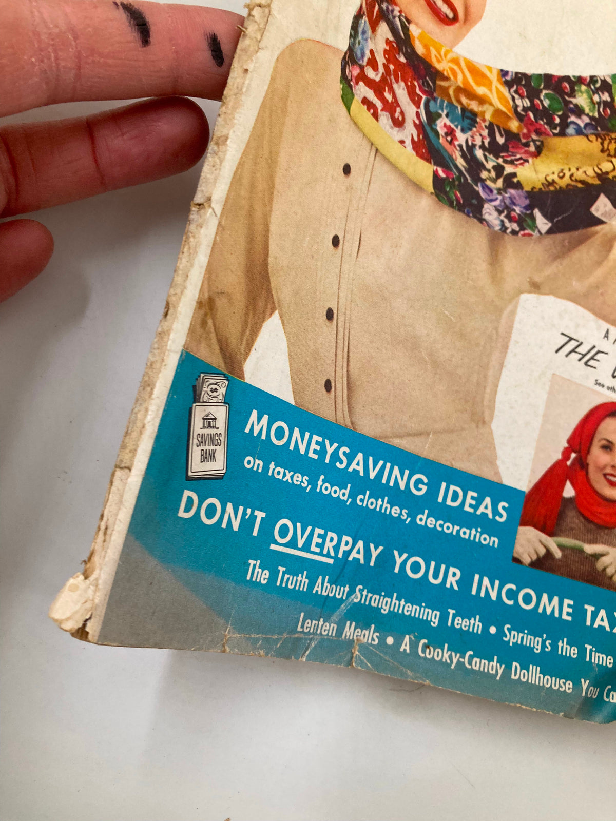 Cover detail of the VTG Family Circle Magazine March 1954 featuring money-saving ideas and a note not to overpay your income tax.