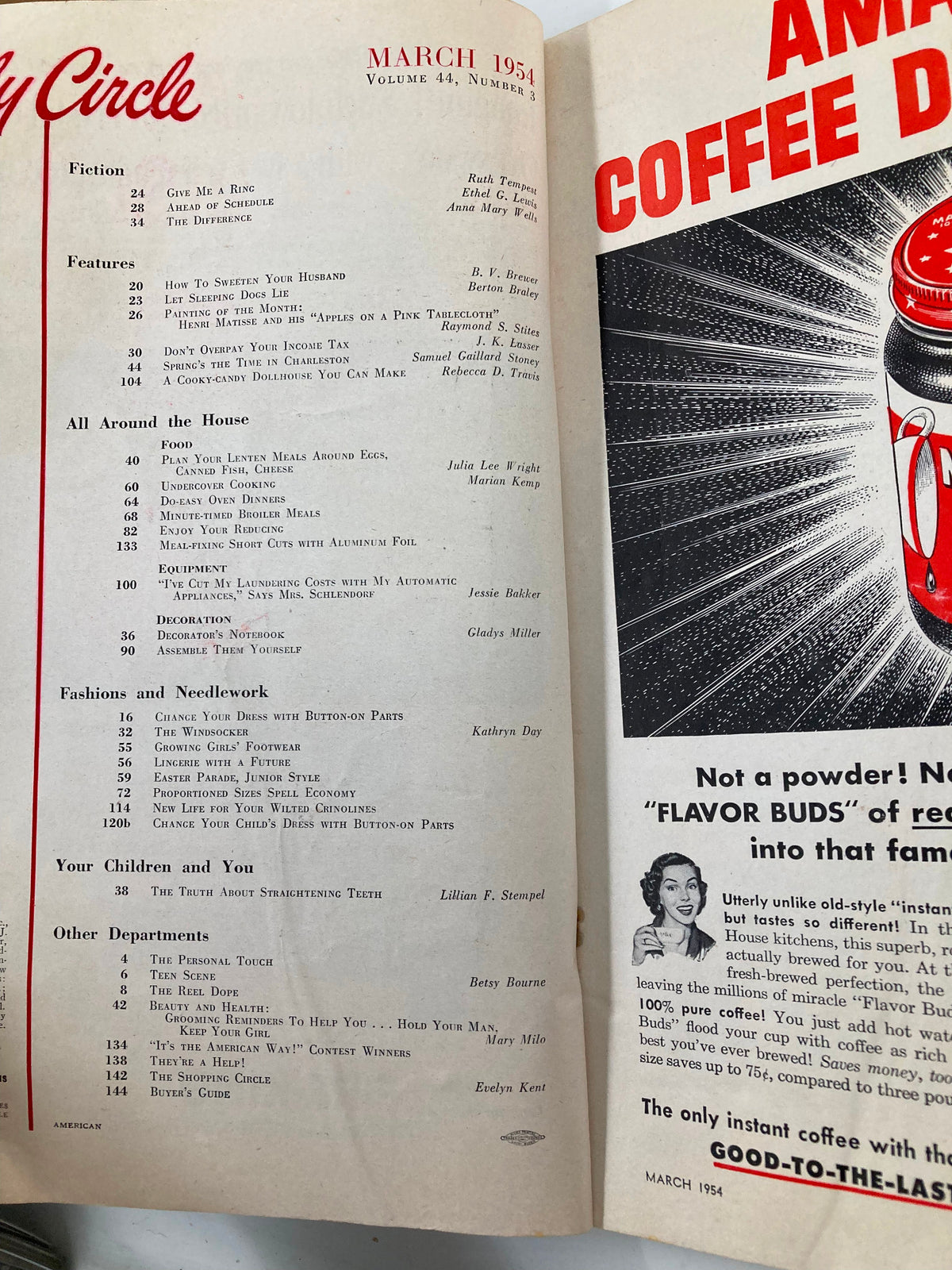Interior page of the VTG Family Circle Magazine March 1954 listing contents including articles on family life and features.