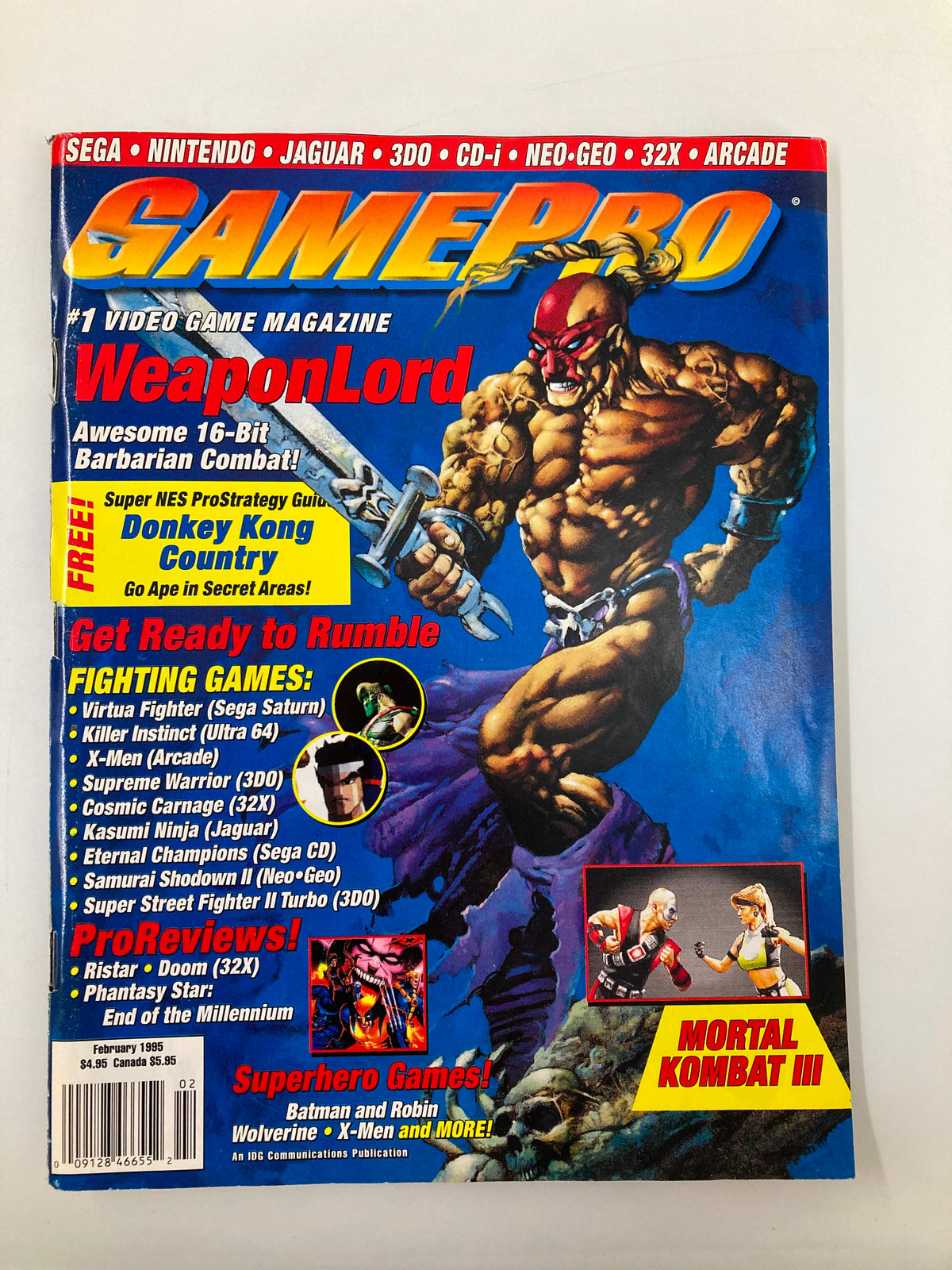 GamePro Magazine February 1995 cover featuring WeaponLord, highlighting 16-bit barbarian combat, with a muscular character wielding a sword and vibrant graphics showcasing video games.