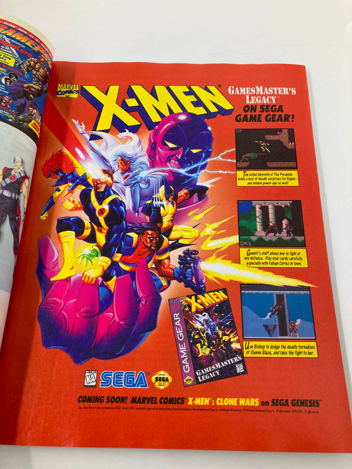 GamePro Magazine February 1995 - X-Men advertisement featuring characters from Marvel Comics and the upcoming game for Sega's Game Gear, highlighting the legacy of classic gaming.