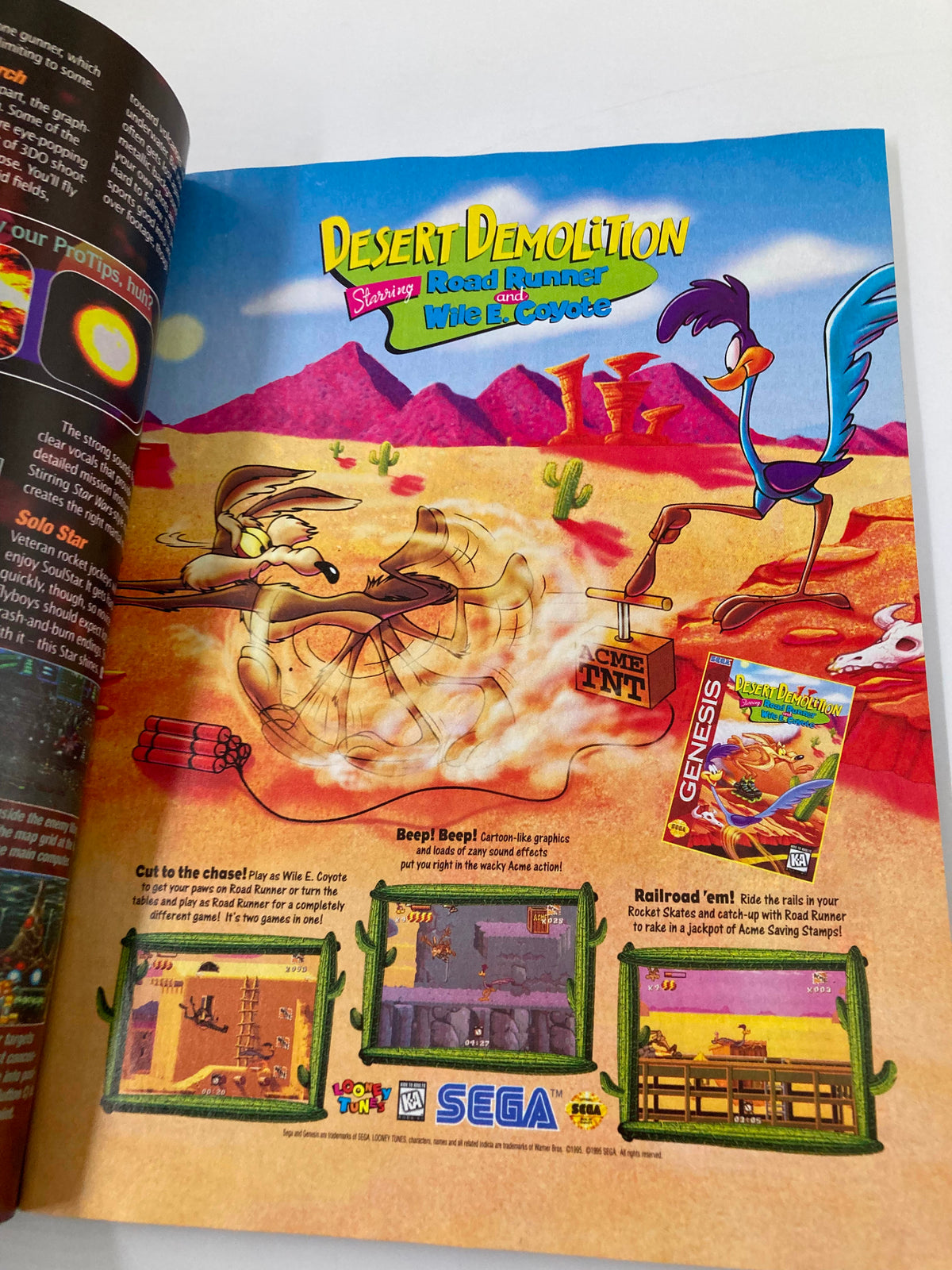 GamePro Magazine February 1995 - Advertisement for Desert Demolition starring Road Runner and Wile E. Coyote, showcasing gameplay and graphics for the Sega Genesis.