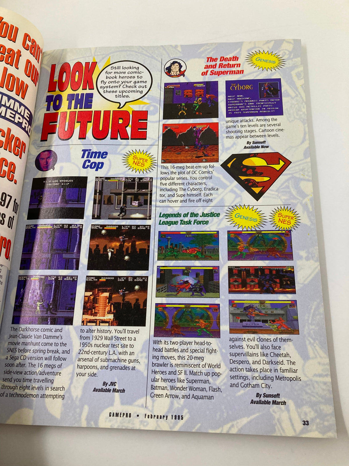 GamePro Magazine February 1995 - Upcoming comic book game releases including 'Time Cop' and 'Legends of the Justice League Task Force,' highlighting DC Comics characters.