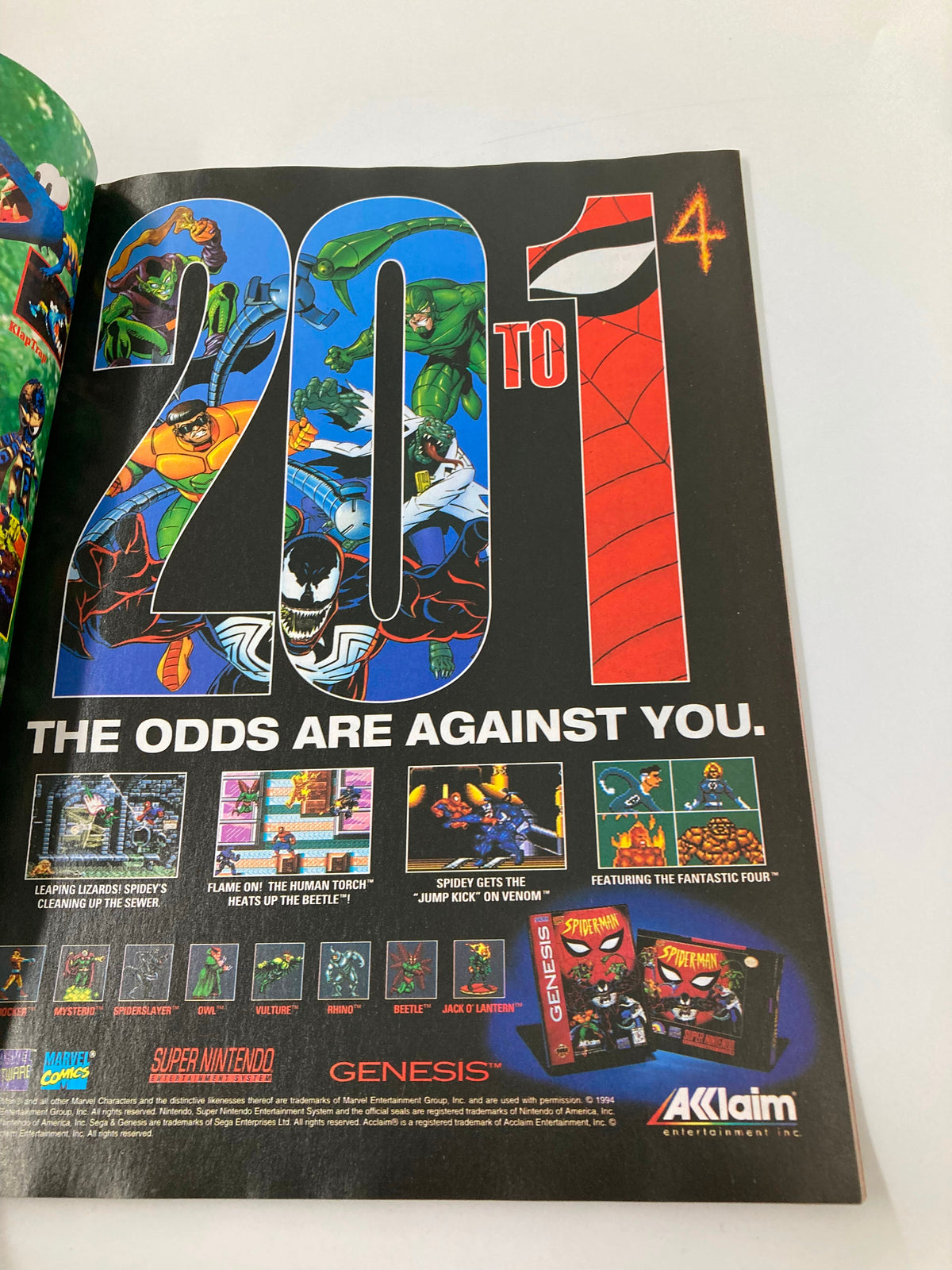 GamePro Magazine February 1995 featuring an advertisement for Marvel Comics' characters with vivid illustrations from the 'Spider-Man' franchise, showcasing various superheroes alongside the text '201 to 4 - The Odds Are Against You'.