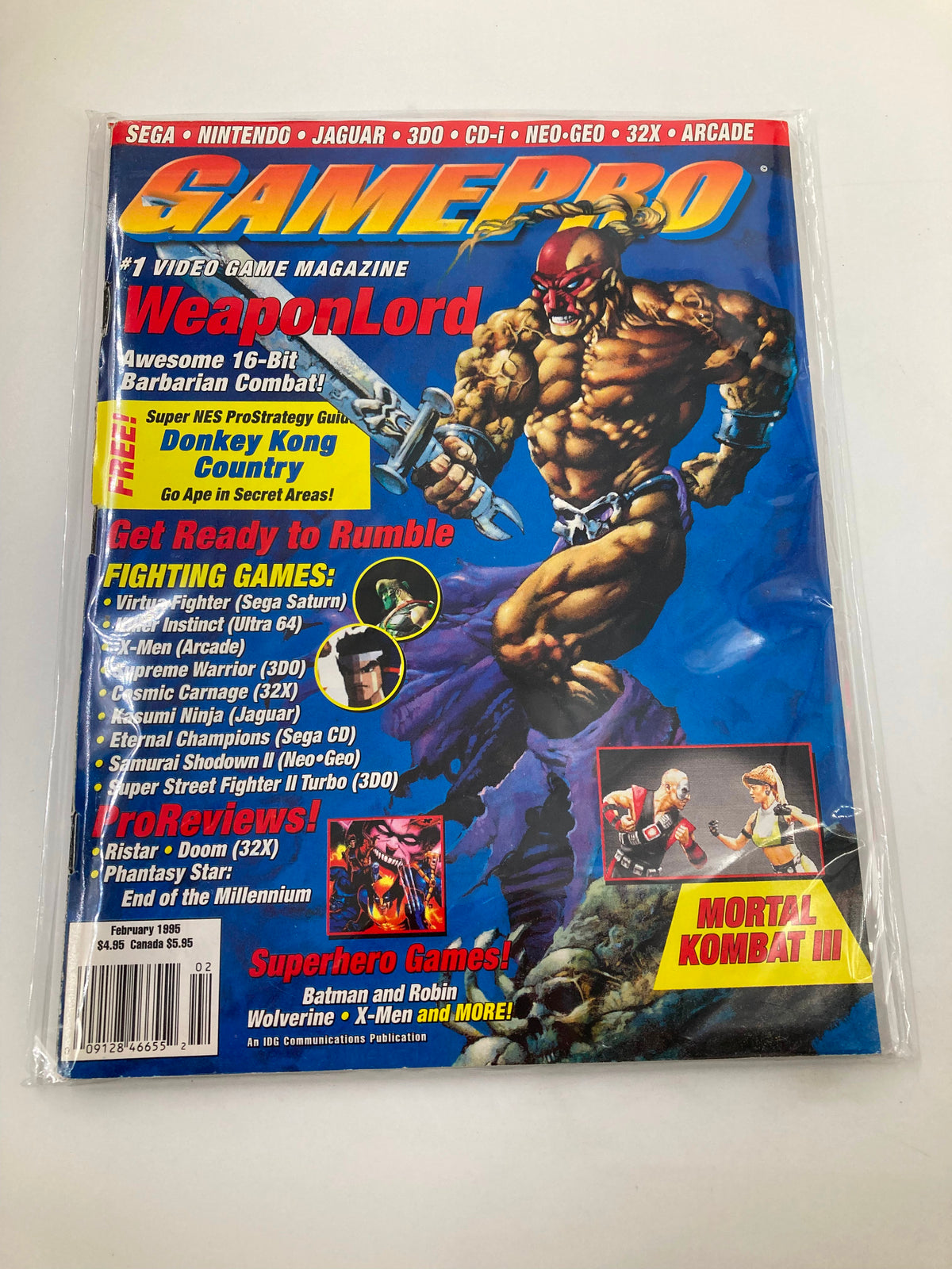 Cover of GamePro Magazine February 1995, prominently featuring the game WeaponLord with a muscular barbarian character holding a sword, and headlines promoting various video games including Mortal Kombat III.