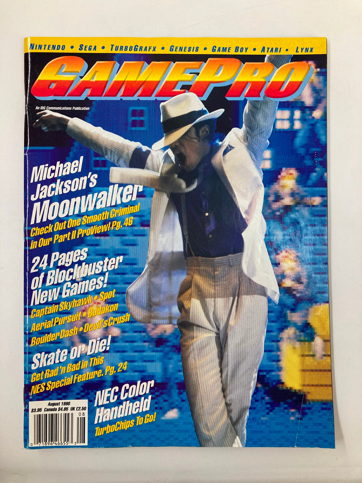 Cover of GamePro Magazine, August 1990, featuring Michael Jackson's Moonwalker: Smooth Criminal Part 2. The cover prominently displays Michael Jackson in an iconic pose, showcasing the intersection of video gaming and pop culture from the early '90s. Ideal for collectors interested in vintage gaming magazines.