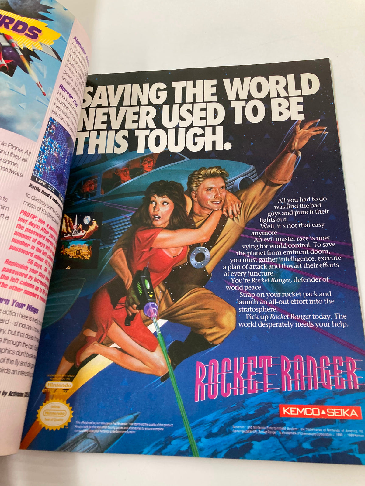 GamePro Magazine August 1990 features an advertisement for the game Rocket Ranger, showcasing a vibrant illustration of the characters and the tagline 'Saving the World Never Used to Be This Tough.'