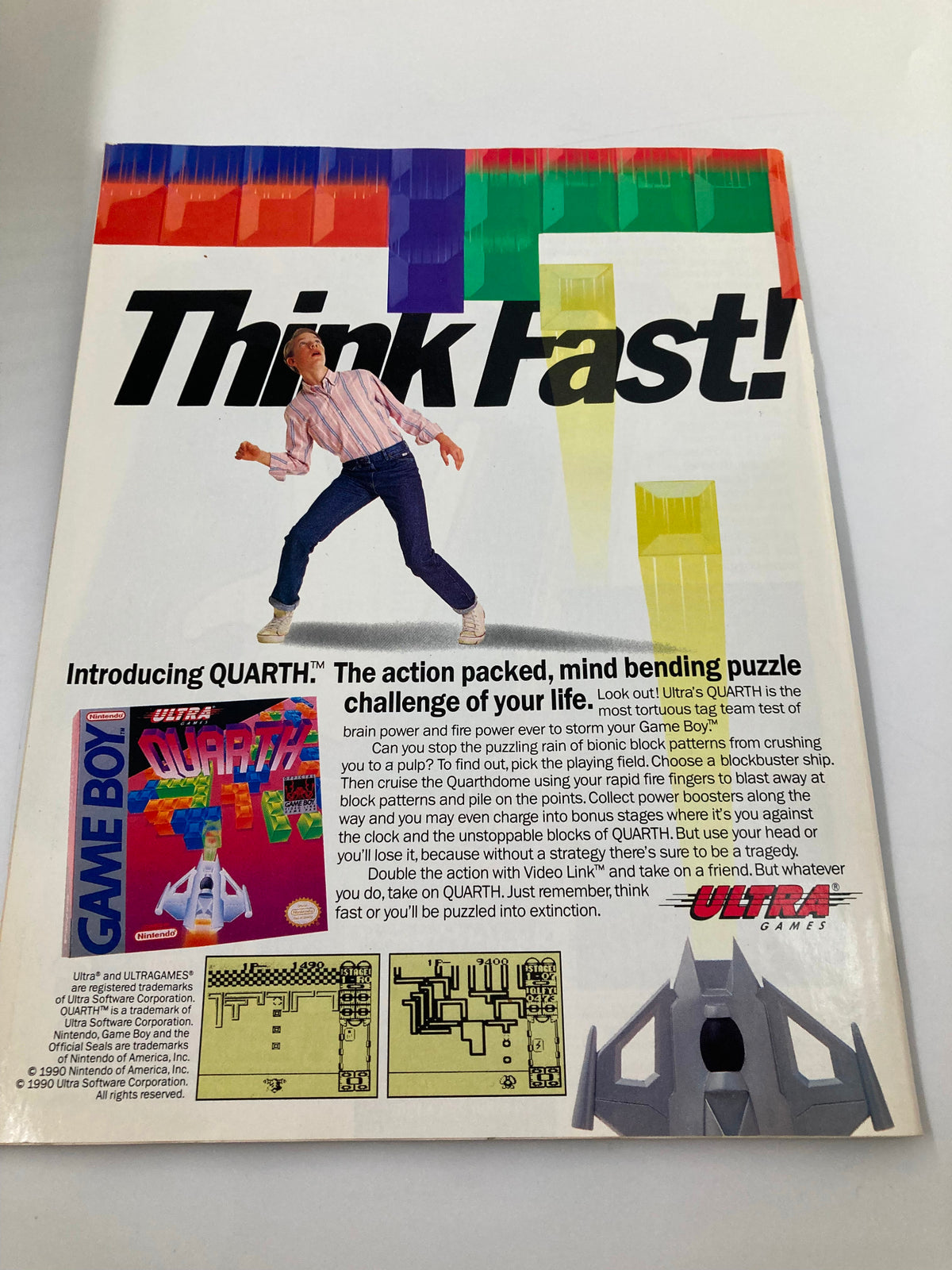 GamePro Magazine August 1990 presents an advertisement for Ultra's Quarth game, featuring a colorful graphic and the call to 'Think Fast!'