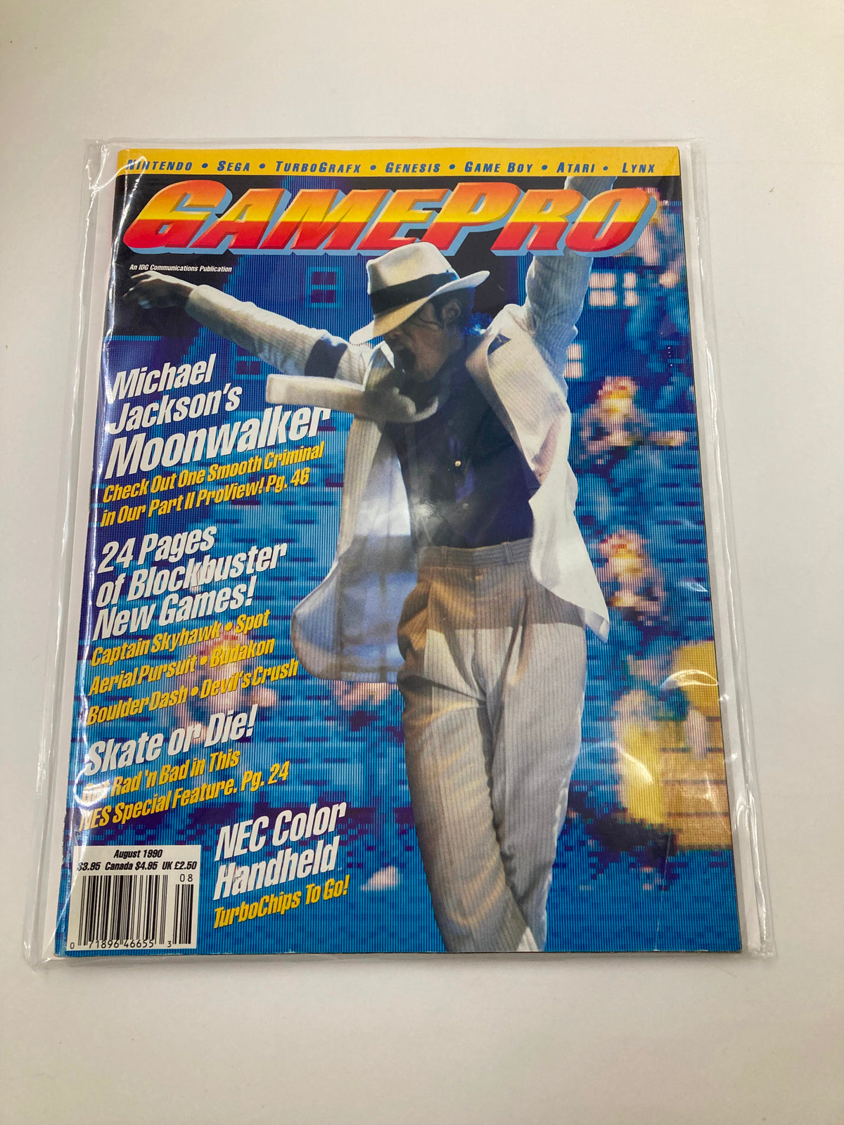 Cover of GamePro Magazine August 1990 featuring Michael Jackson's Moonwalker, showcasing the iconic artist in a dynamic pose.