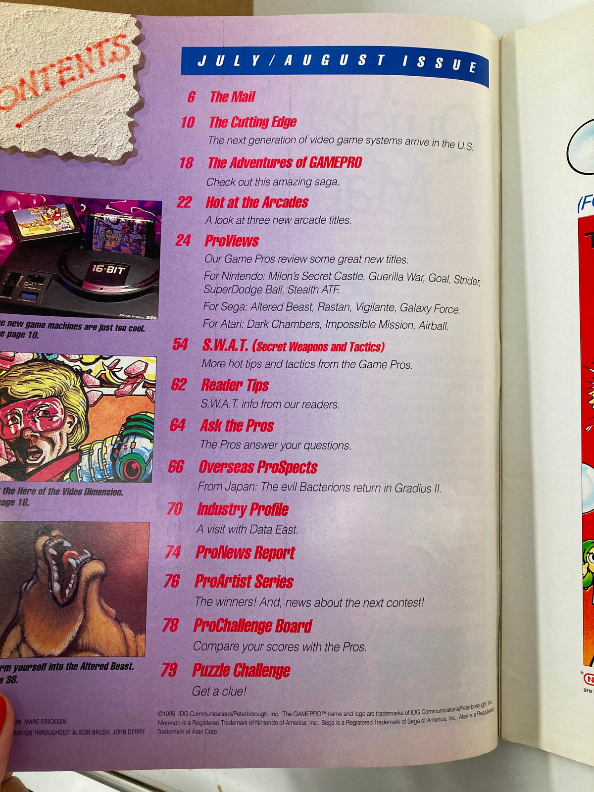 Table of contents from GamePro Magazine July 1989, featuring articles on The Amazing Gradius II and The Puzzle Challenge.