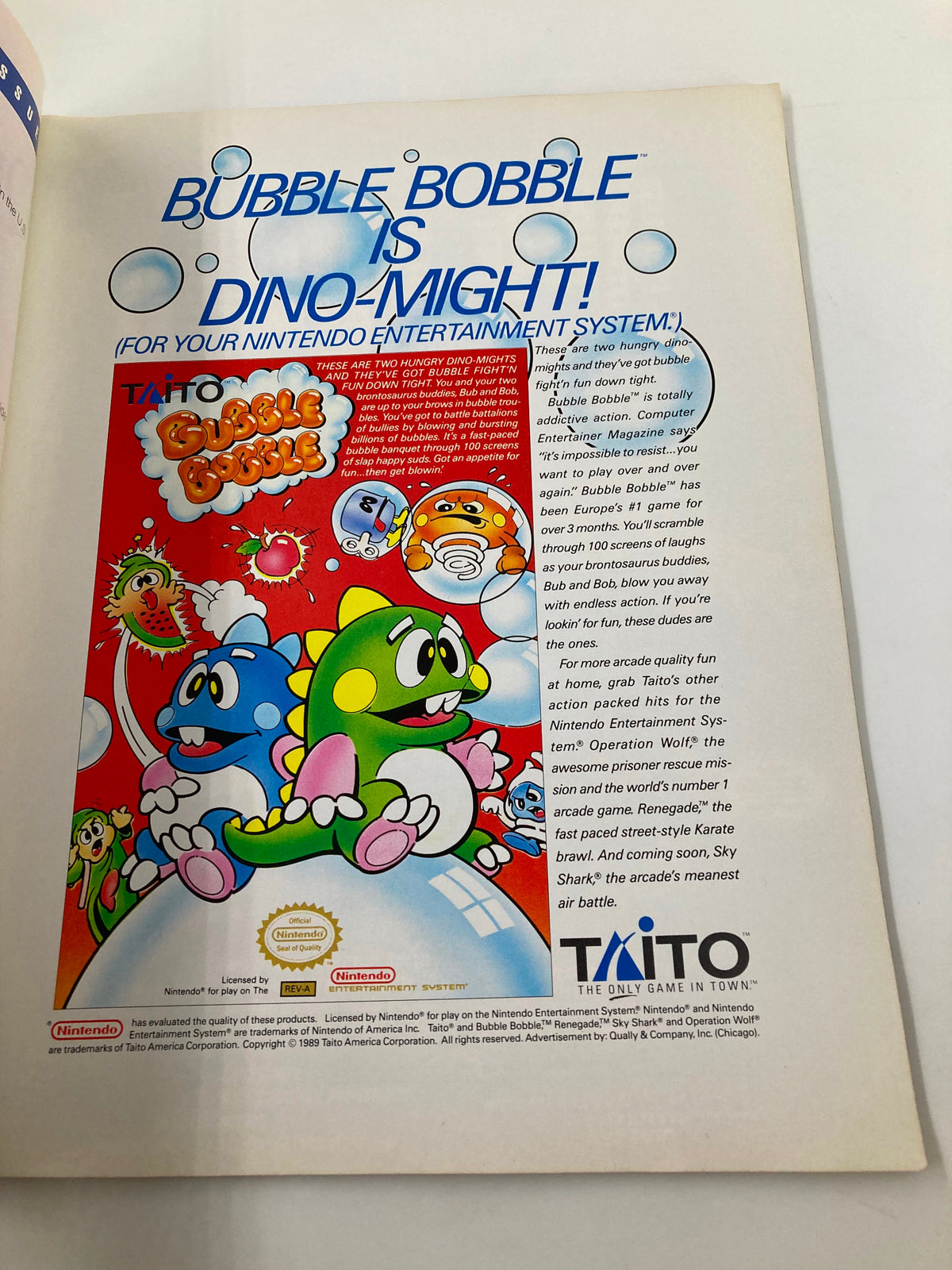 Advertisement for Bubble Bobble in GamePro Magazine July 1989, promoting the game for the Nintendo Entertainment System.